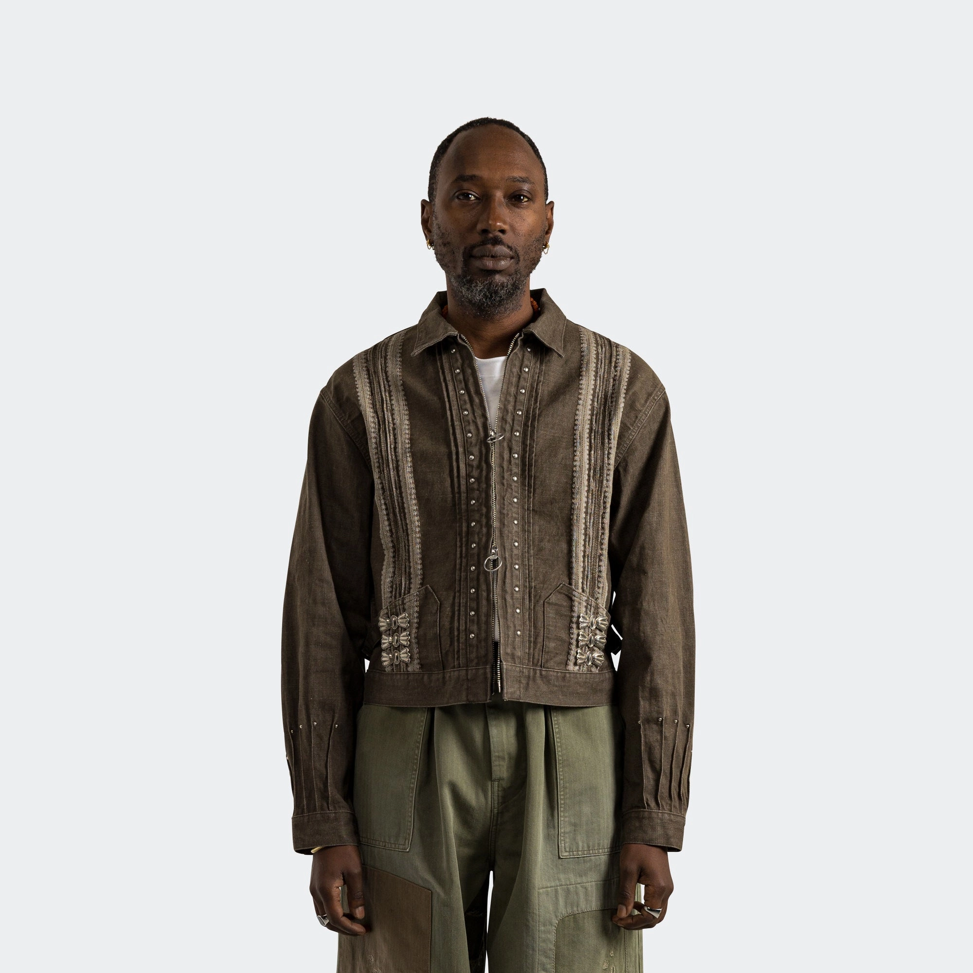 Non Restrictive Tailoring 12oz YAGASURI Jacquard Denim Chimayo Drizzler JKT - Khaki