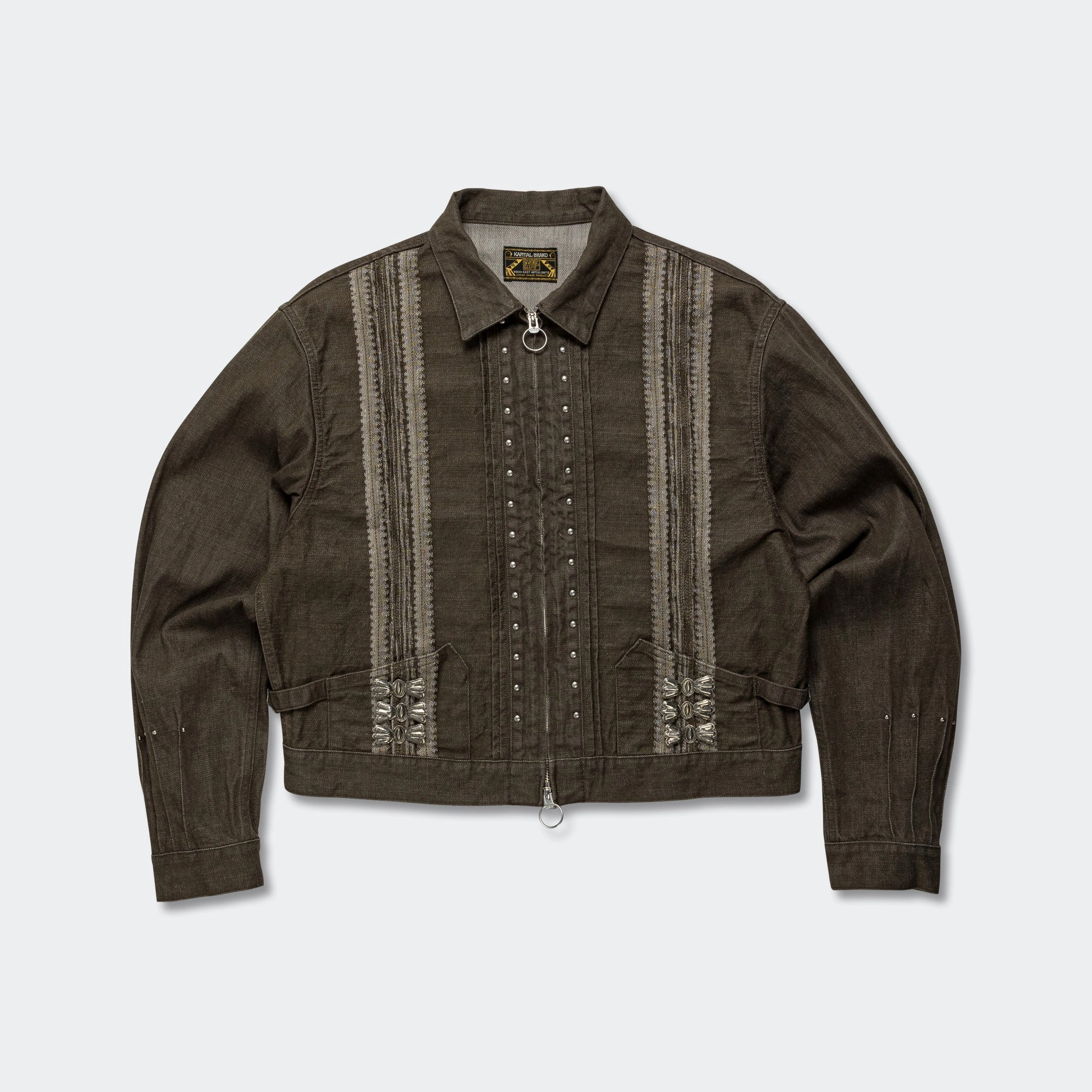 12oz YAGASURI Jacquard Denim Chimayo Drizzler JKT - Khaki Three Layer Laminate Eco Friendly Coatings