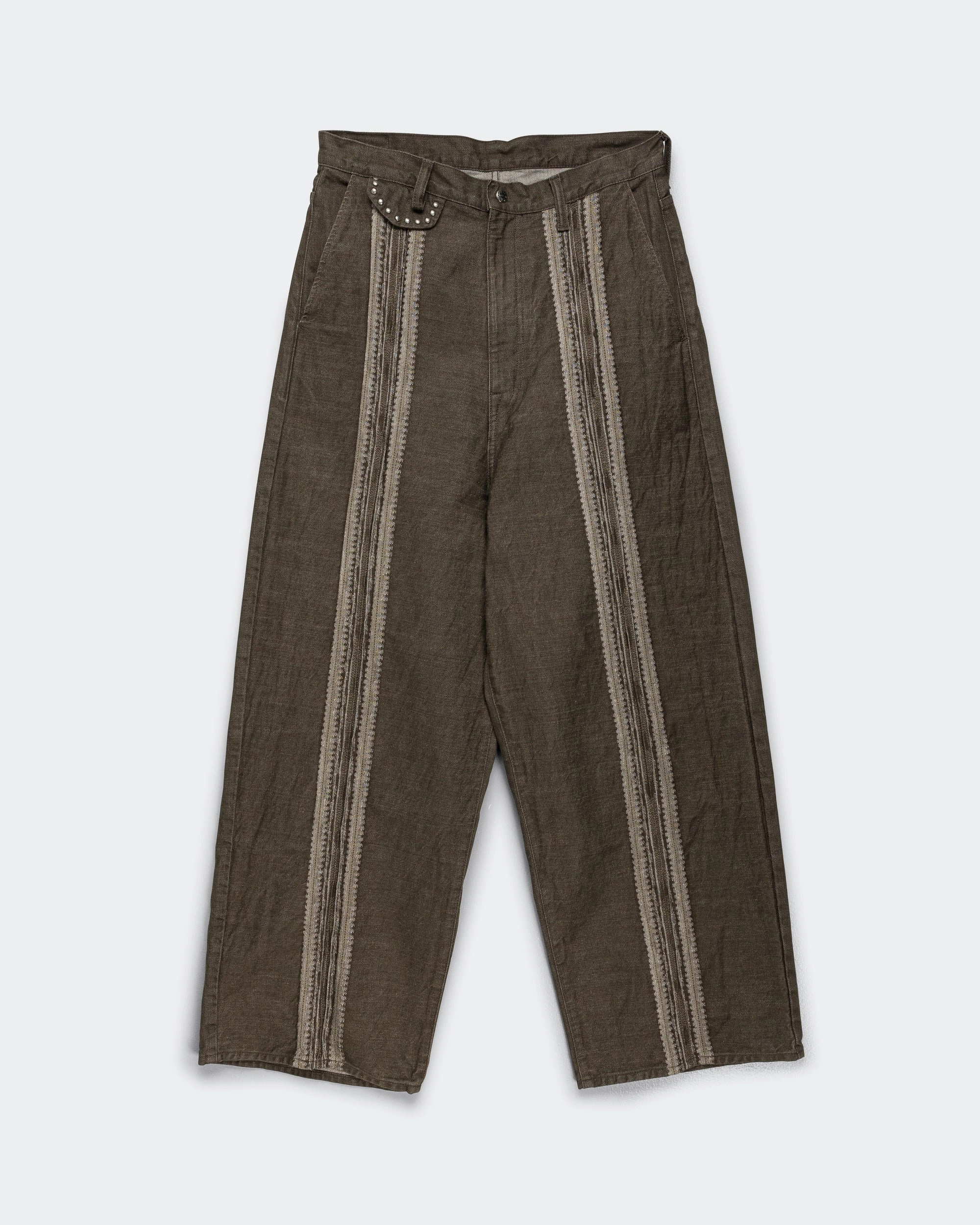 12oz YAGASURI Jacquard Denim PORT Baggy Pants - Khaki Soft Stretch Sleek Style