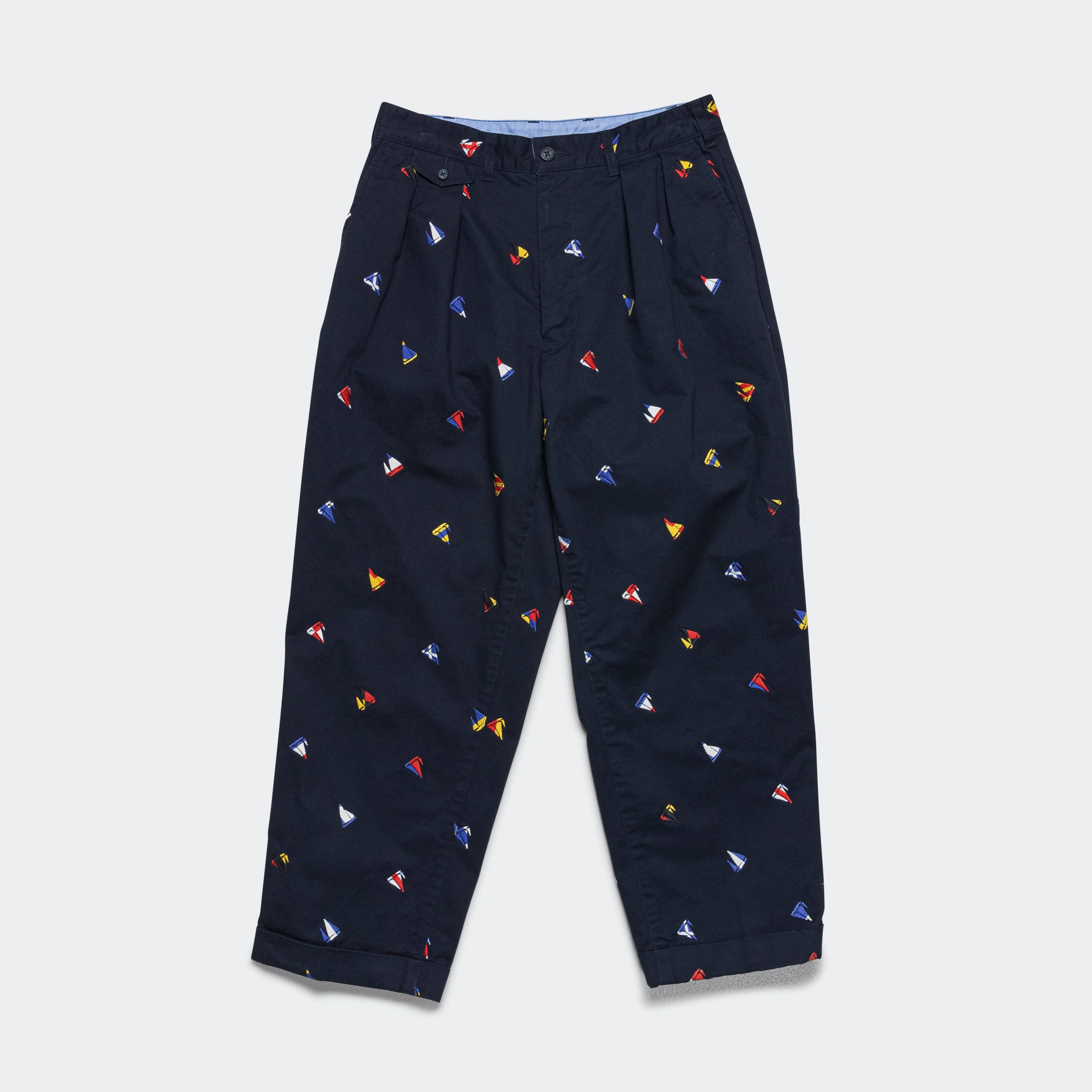 2 Pleat Trousers Embroidery On Print - Navy NoBuckleDesign Flattering Design Wear