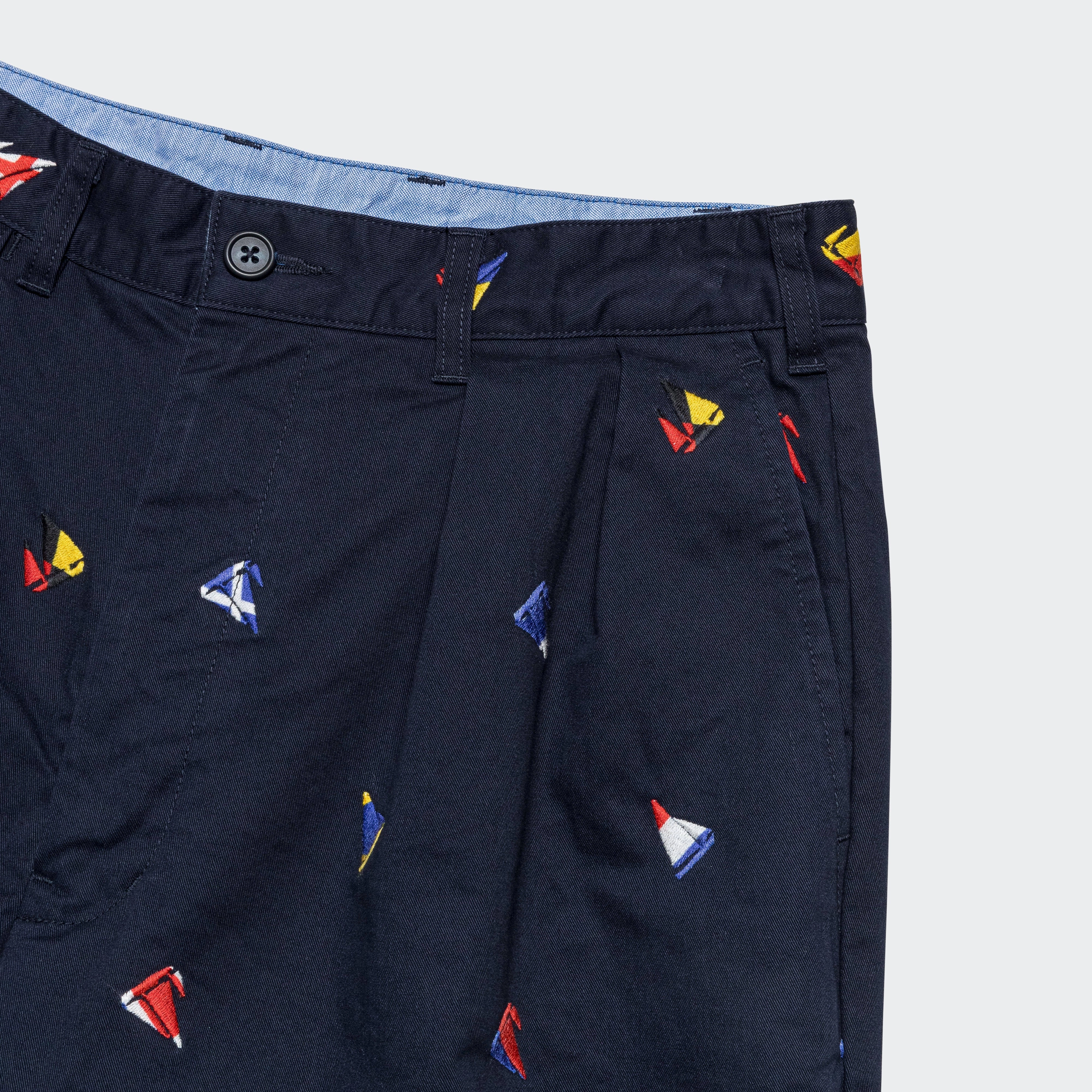 2 Pleat Trousers Embroidery On Print - Navy Breathable fabric