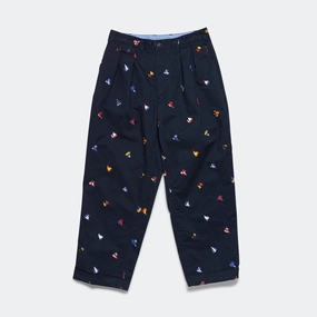 2 Pleat Trousers Embroidery On Print - Navy NoBuckleDesign Flattering Design Wear