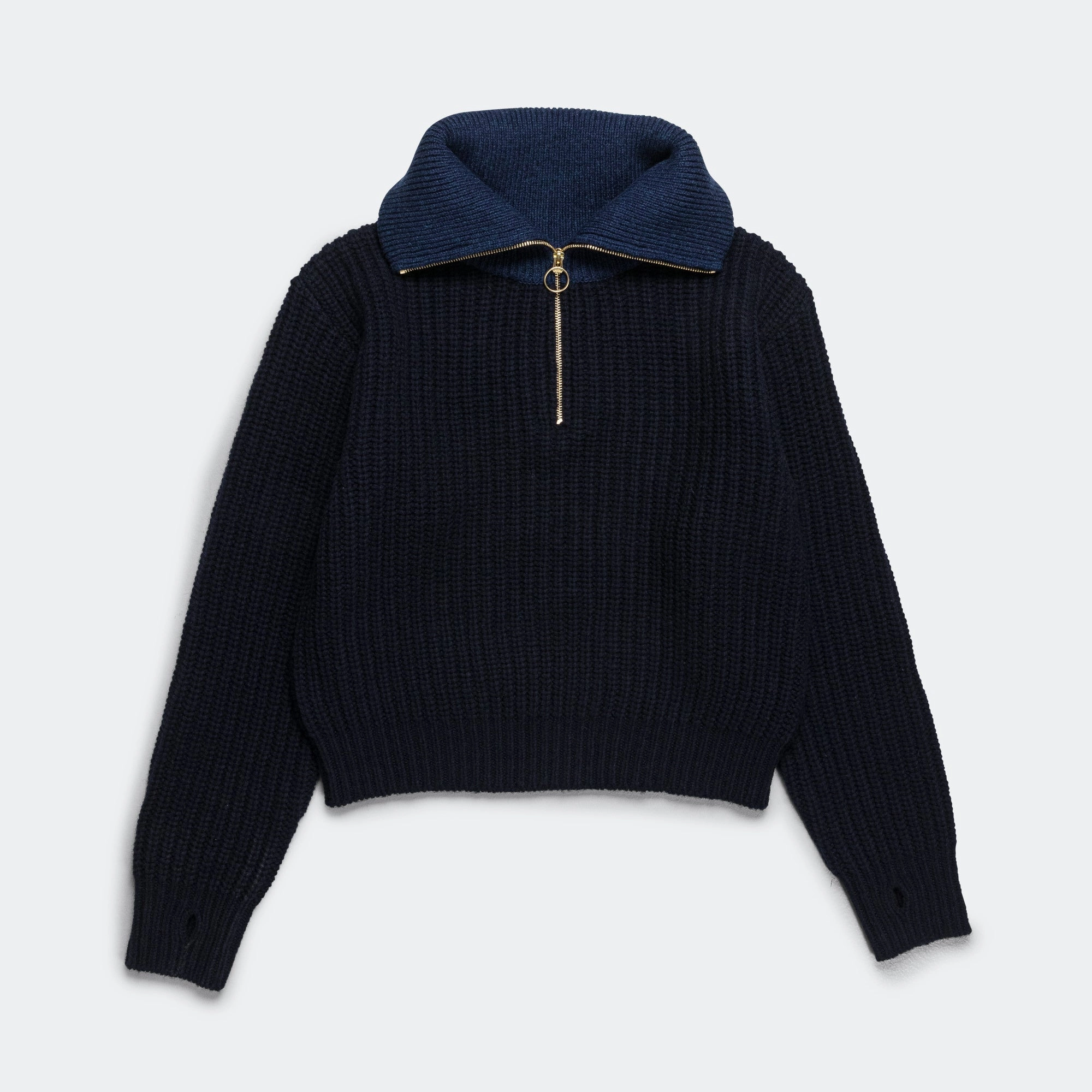 Recycled Polyester Thread Travel Ready 3G Wool Cable Knit ZIP UP Pullover - Navy