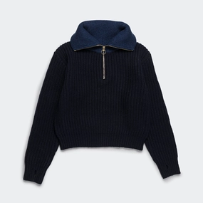 Recycled Polyester Thread Travel Ready 3G Wool Cable Knit ZIP UP Pullover - Navy