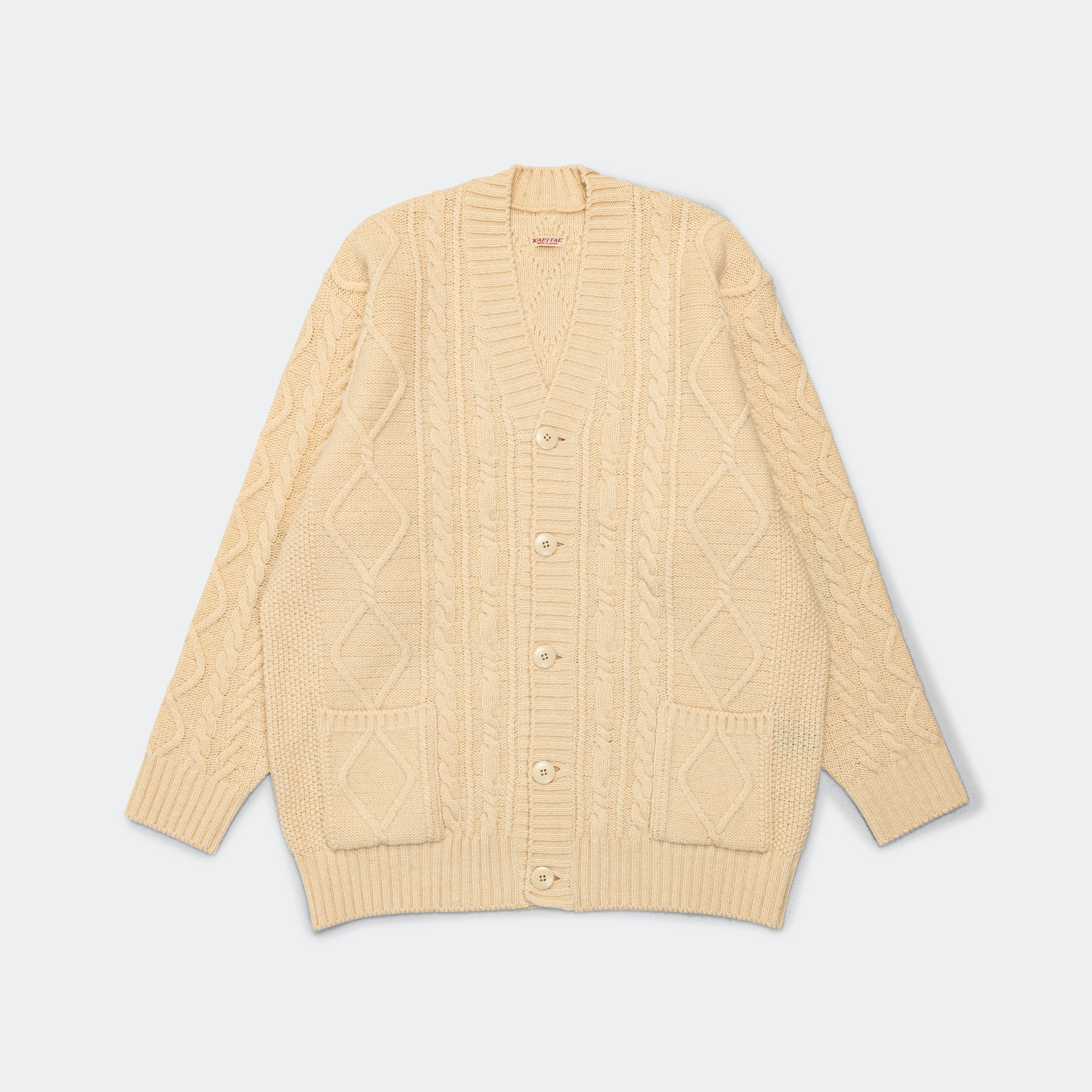 Street Comfort Ventilation Panel 5G Wool Cable Knit PROFILE RAINBOWY Patch Cardigan - Nat