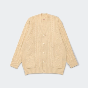 Street Comfort Ventilation Panel 5G Wool Cable Knit PROFILE RAINBOWY Patch Cardigan - Nat