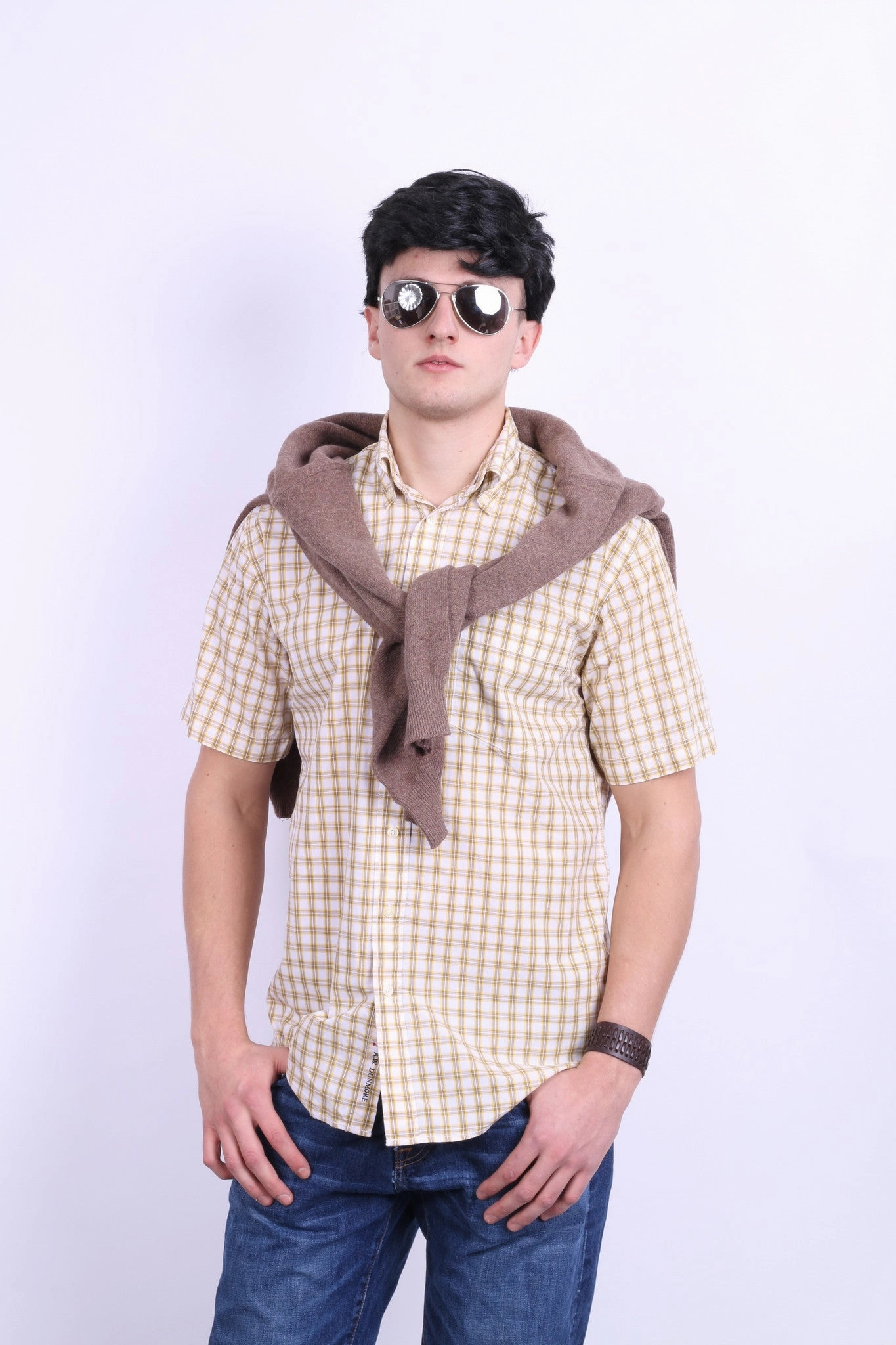 Casual Friday Static Dissipating Fiber A.W. Dunmore Mens S Casual Shirt Check Yellow Cotton Short Sleeve