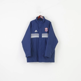 Adidas Men L Jacket Navy Sport Padded Collar Full Zipper Nylon 3 Stripes Top Handmade Chill Proof