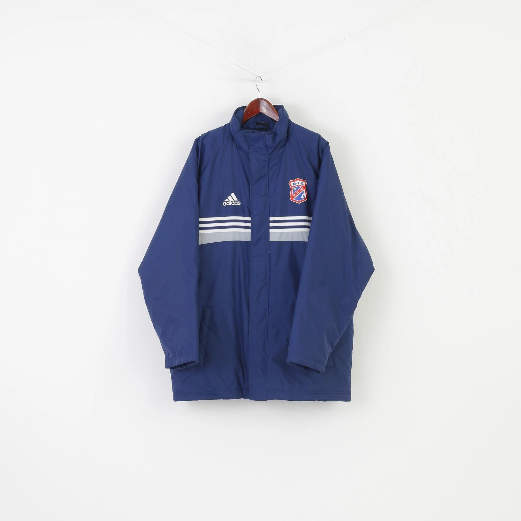 Adidas Men L Jacket Navy Sport Padded Collar Full Zipper Nylon 3 Stripes Top Handmade Chill Proof