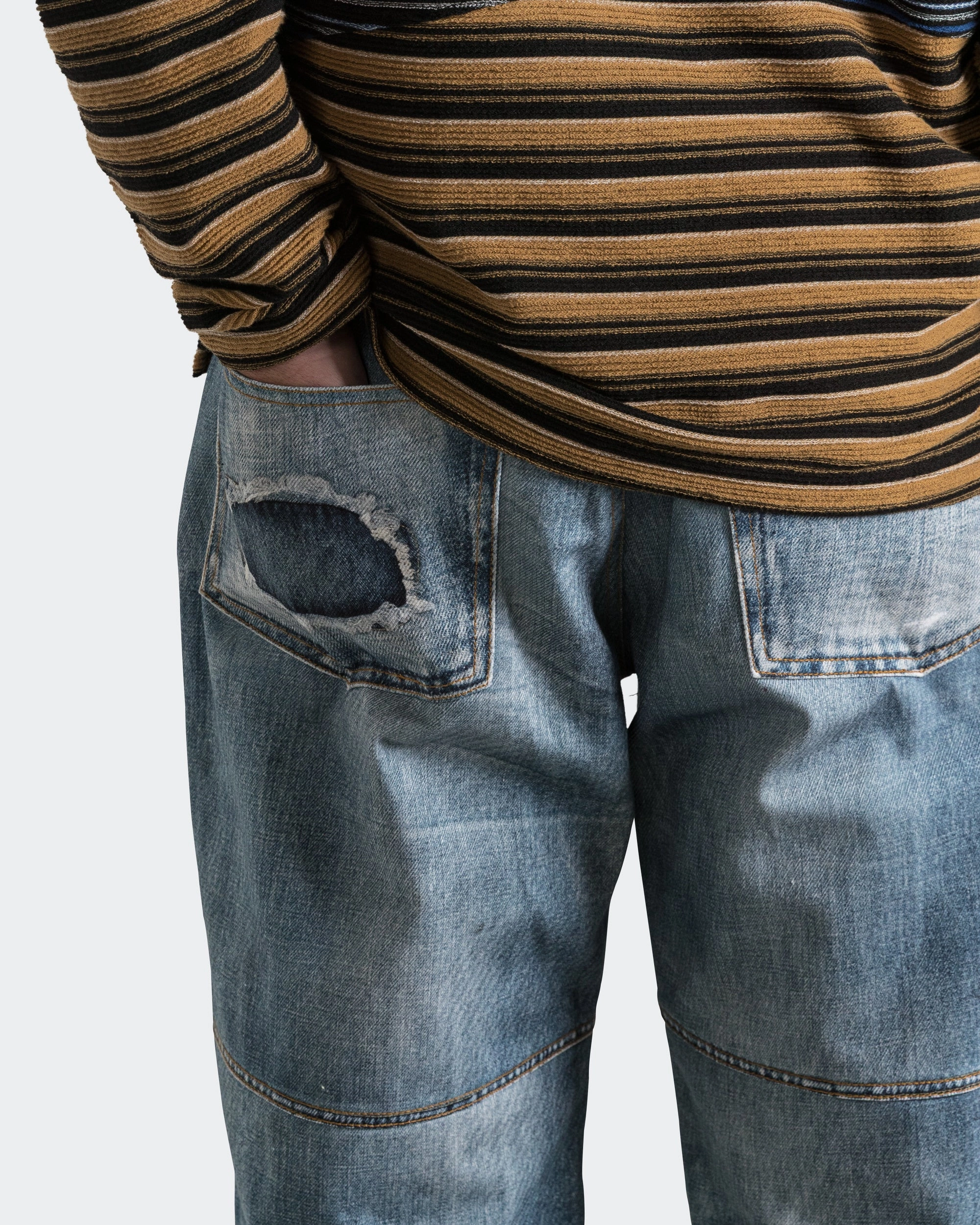 Layered Panel Design Custom-Like Printed Denim Pants - Mid Blue