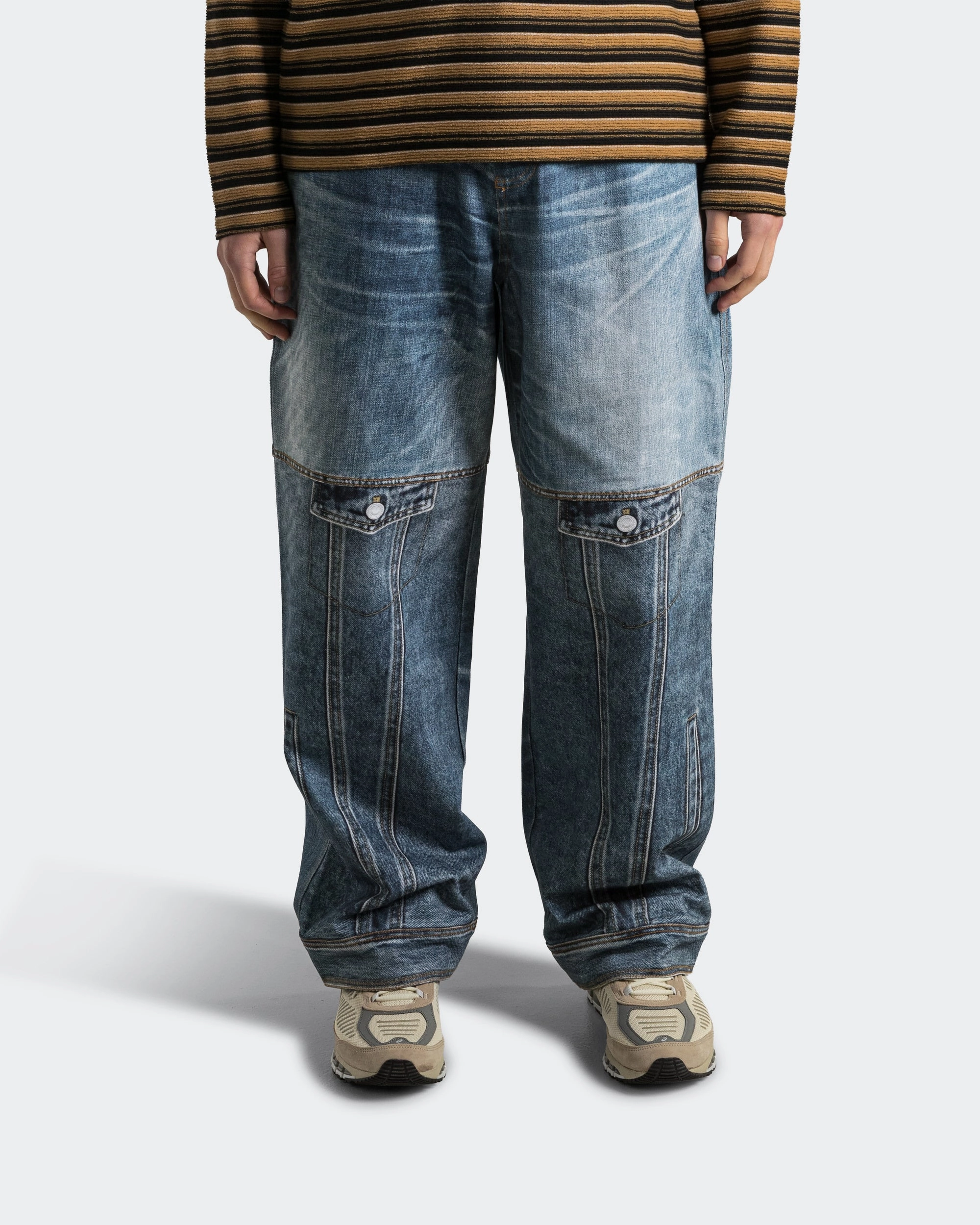 Casual Comfort Wear Flared bottom Custom-Like Printed Denim Pants - Mid Blue