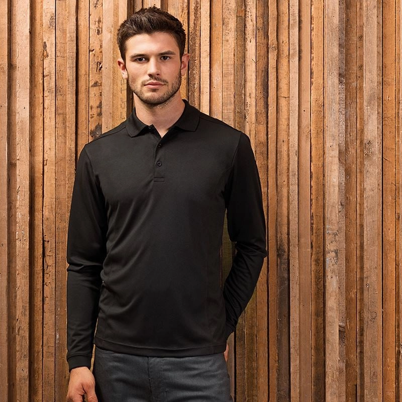 Lightweight Comfort Office Appropriate Long Sleeve Coolchecker Pique Polo Shirt | BLACK
