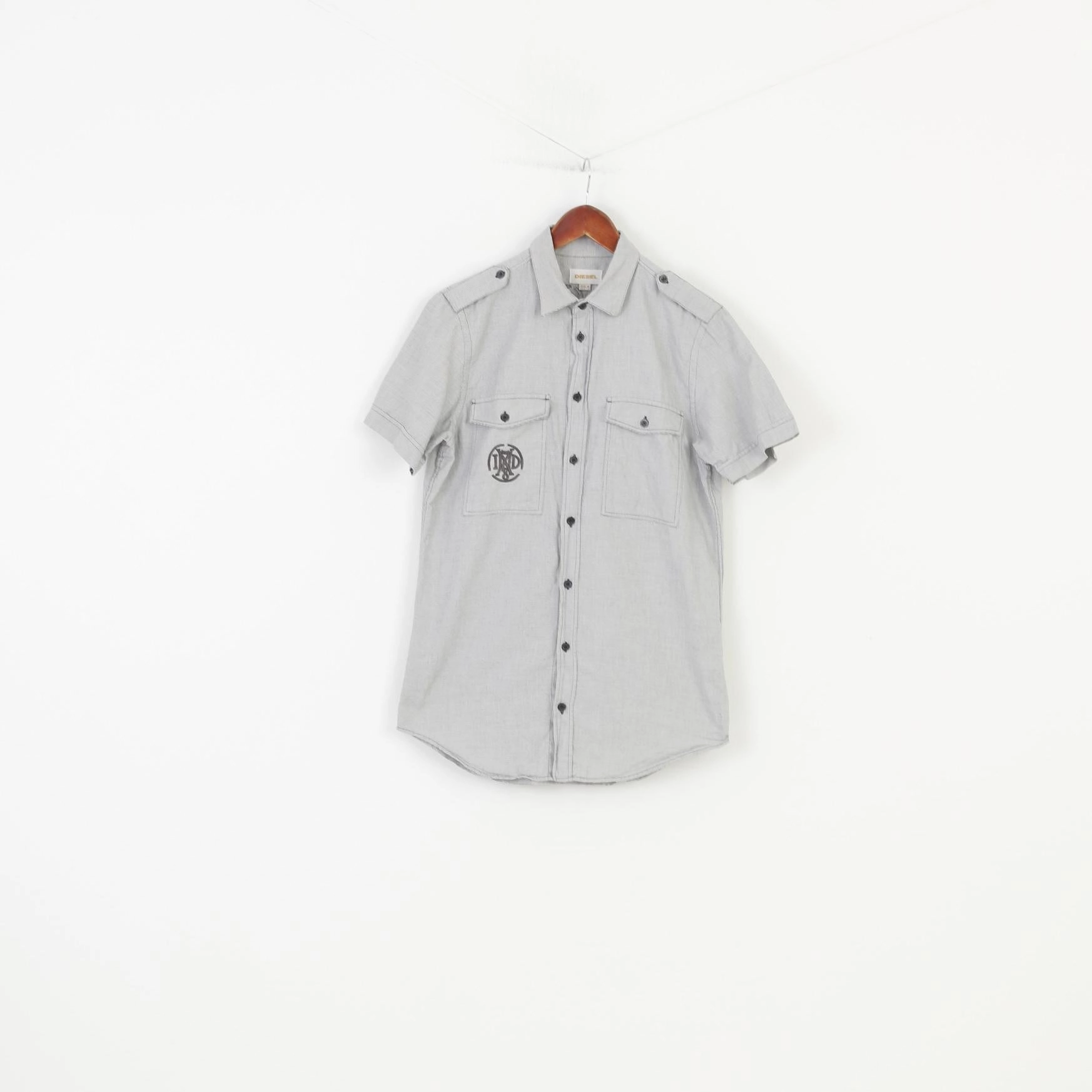 Diesel Men M Casual Shirt White Black Checkered Bottoms Short Sleeve Cotton Top UV Protection Checkered Style