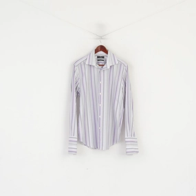 Jeff Banks Men 16 41 M Formal Shirt Purple Striped Cotton Tailored Fit Buttons Down Top Hooded Neckline Work From Home