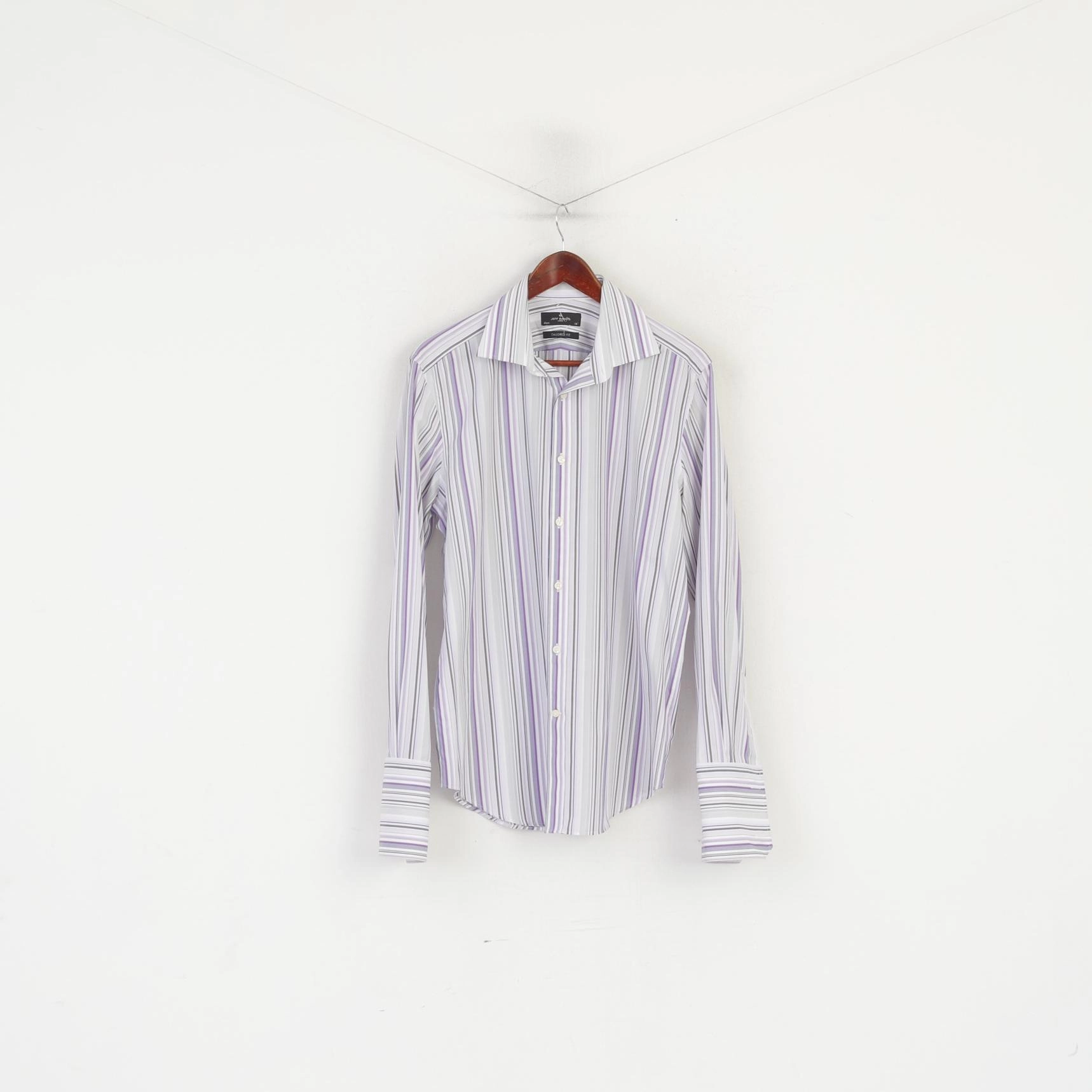 Jeff Banks Men 16 41 M Formal Shirt Purple Striped Cotton Tailored Fit Buttons Down Top Hooded Neckline Work From Home