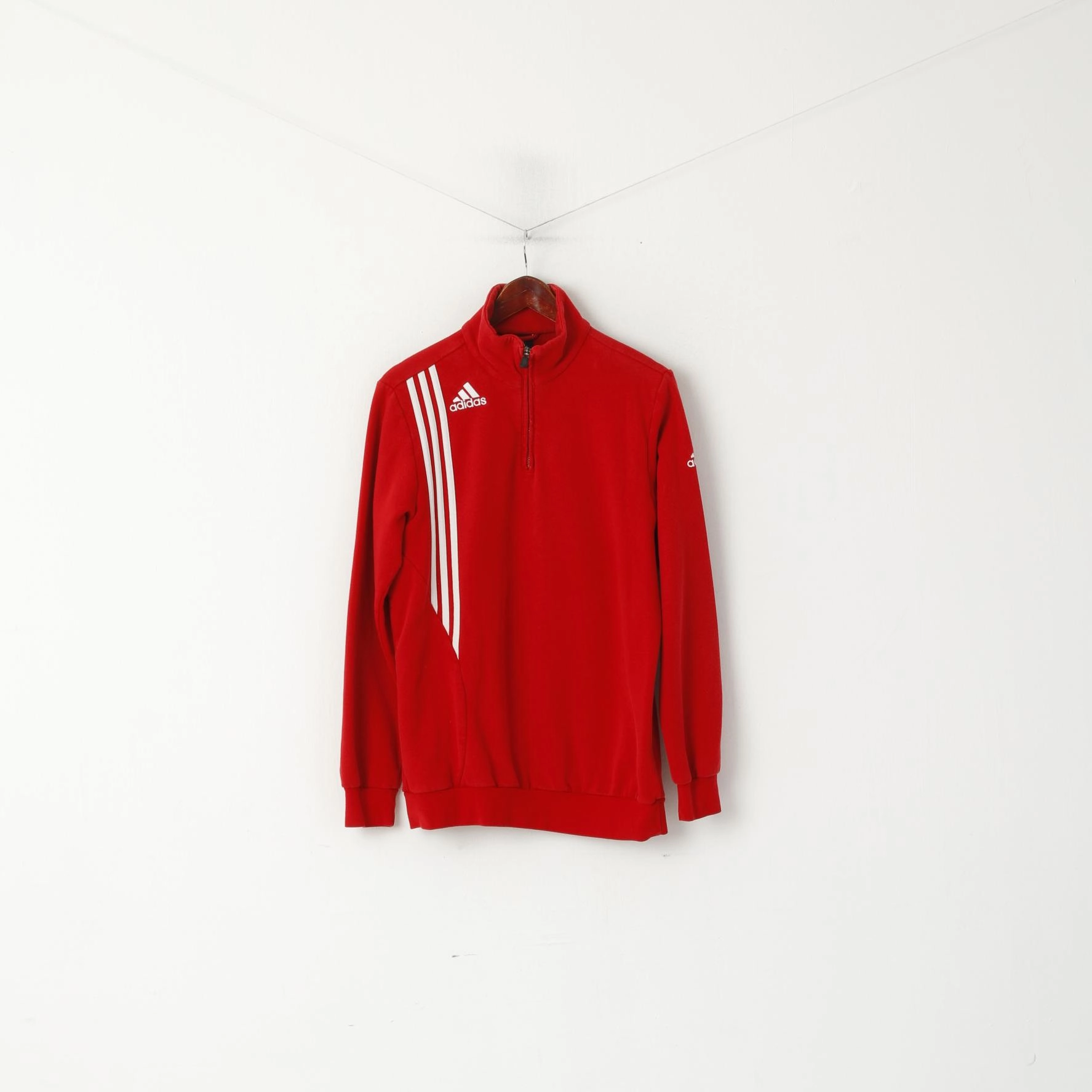 Adidas Men 38/40 M Sweatshirt Red Cotton Sport Zip neck 3 Stripe Sportswear Top Fashion Statement product shipping