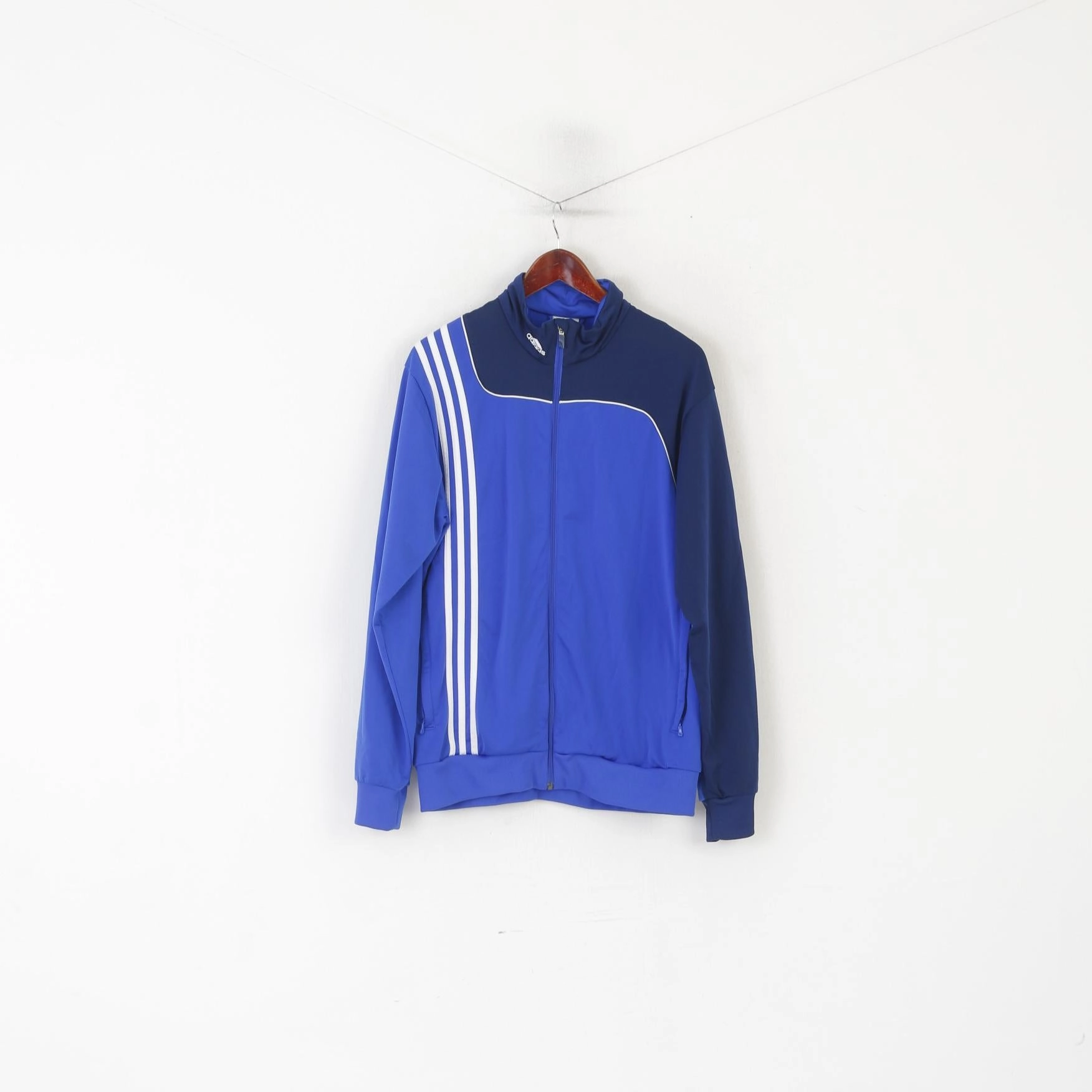 Adidas Men 42/44 L Sweatshirt Blue Shiny Vintage Full Zipper Sport Traning Top Eco-friendly Weekend Sporty