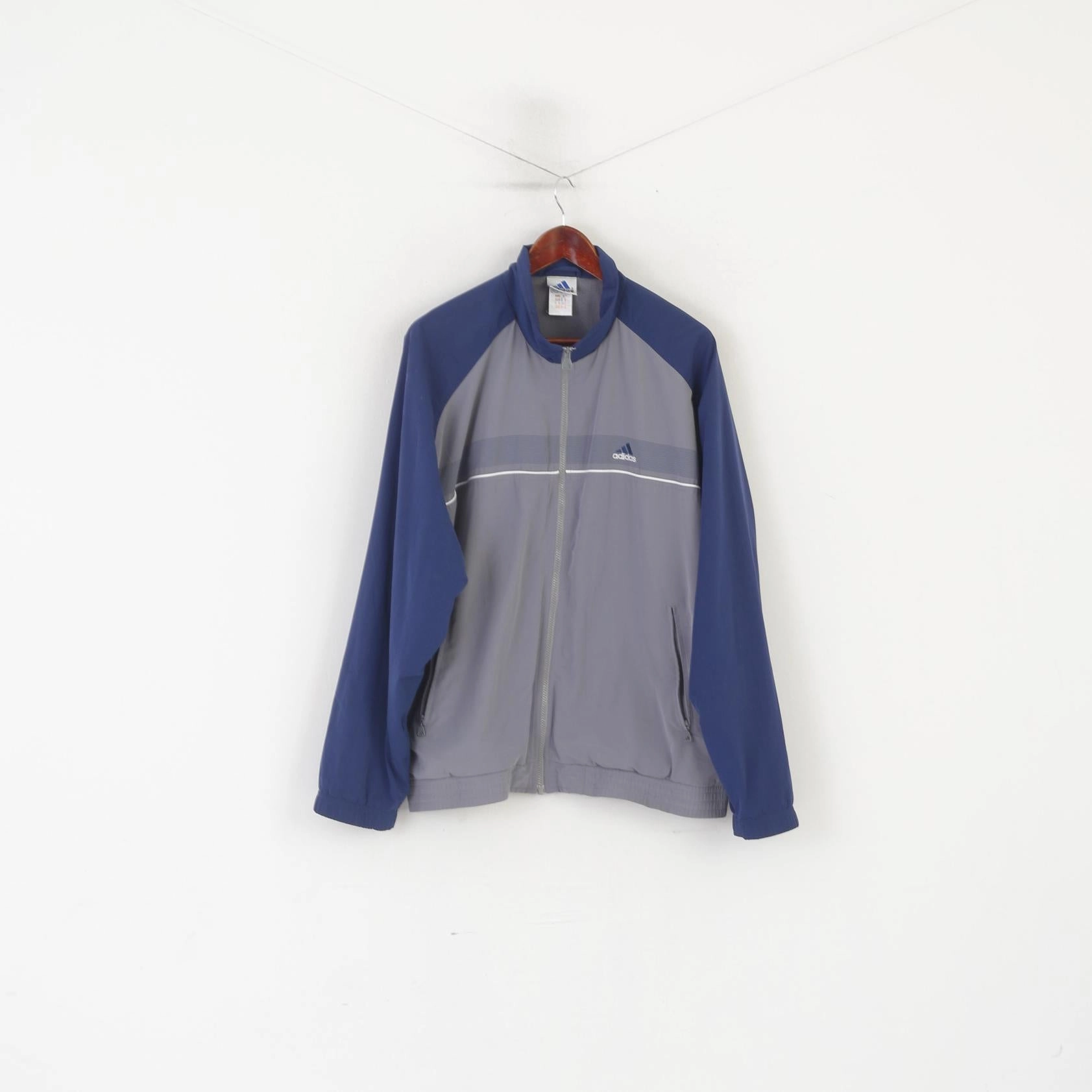 NonBulkyFit Cravat Adidas Men L Jacket Navy Gray Vintage Full Zipper 90s Lightweight Sportswear Top