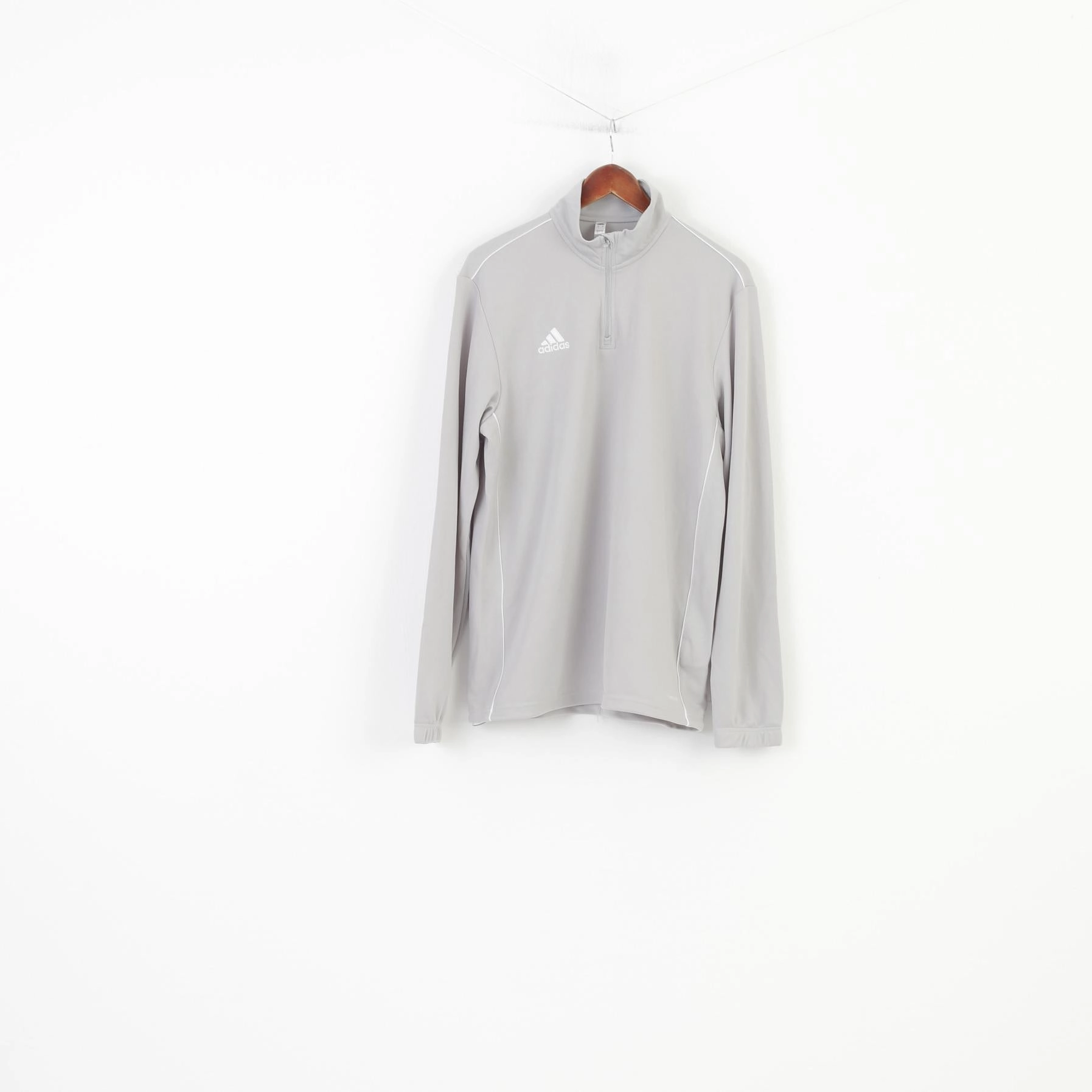 Adidas Men L Sweatshirt Grey Zip Neck Polyester Vintage Collar Top Fitted Cut