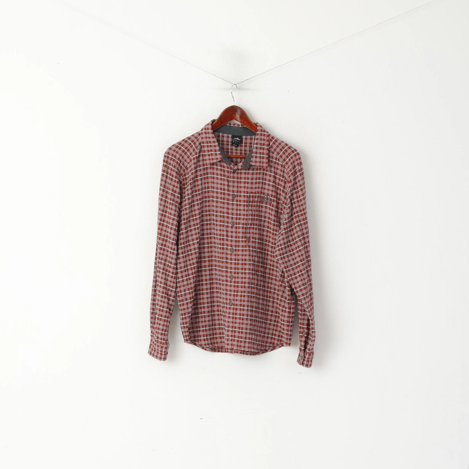 Reinforced Hems Classic Appeal Adidas Men M Casual Shirt Red Outdoor Checkered Detailed Buttons Long Sleeve Top