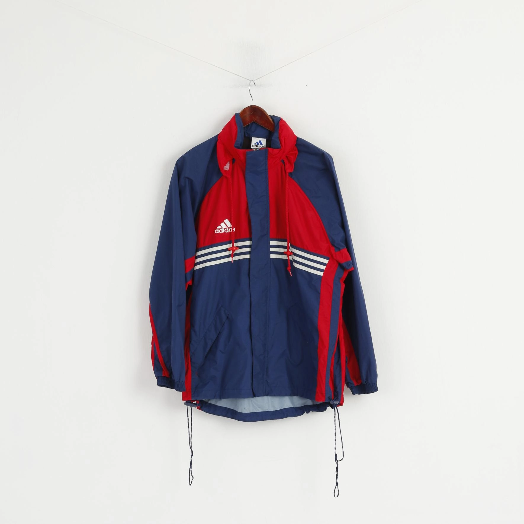 Adidas Men M Jacket Navy Red Nylon Waterproof Hidden Hood Full Zipper Top DurableShell Modern Style