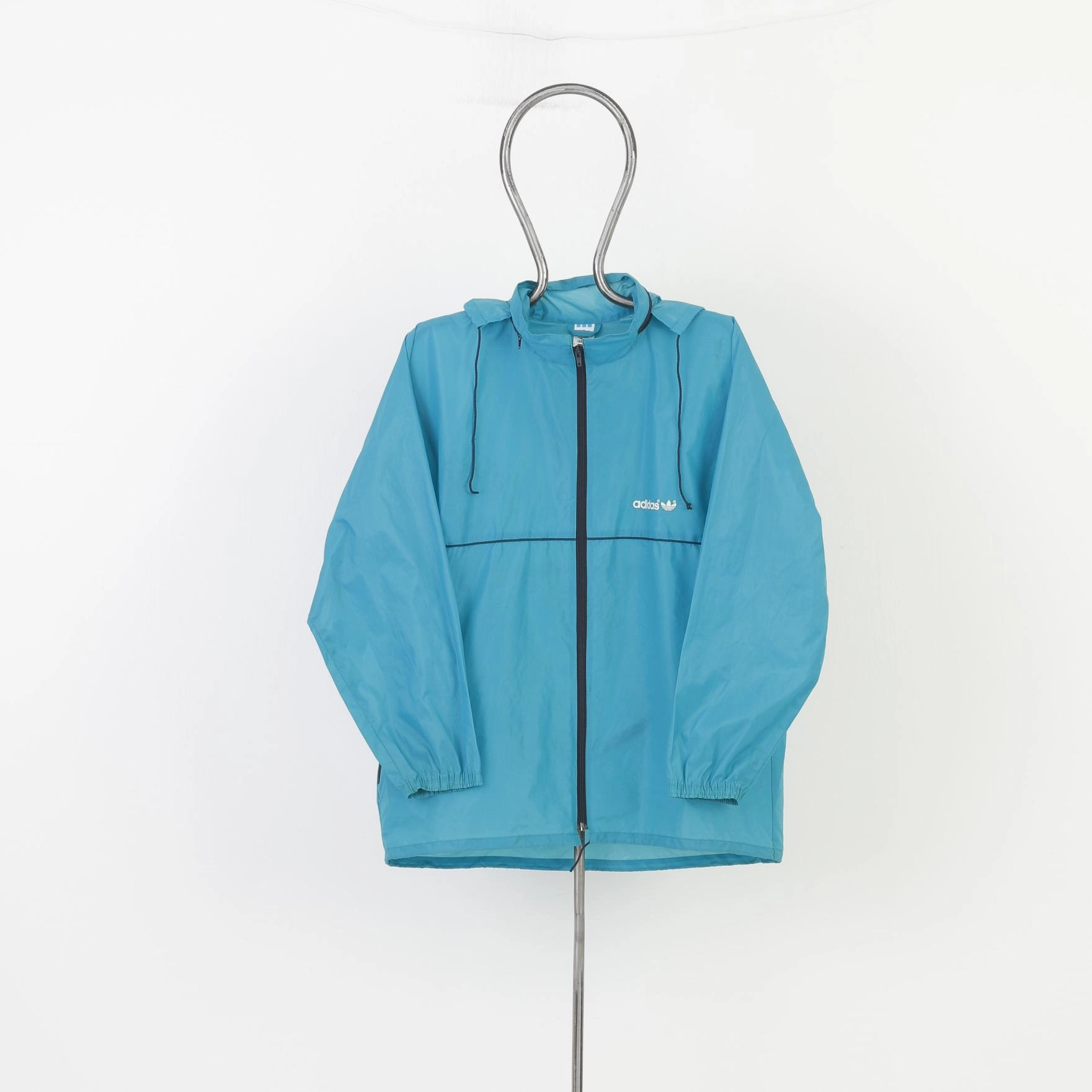 Adidas Men XL Jacket Blue Polyamid Waterproof Oversize Full Zipper Vintage 3 Stripes 90s Retractable Hood Raincoats Top snowy All weather