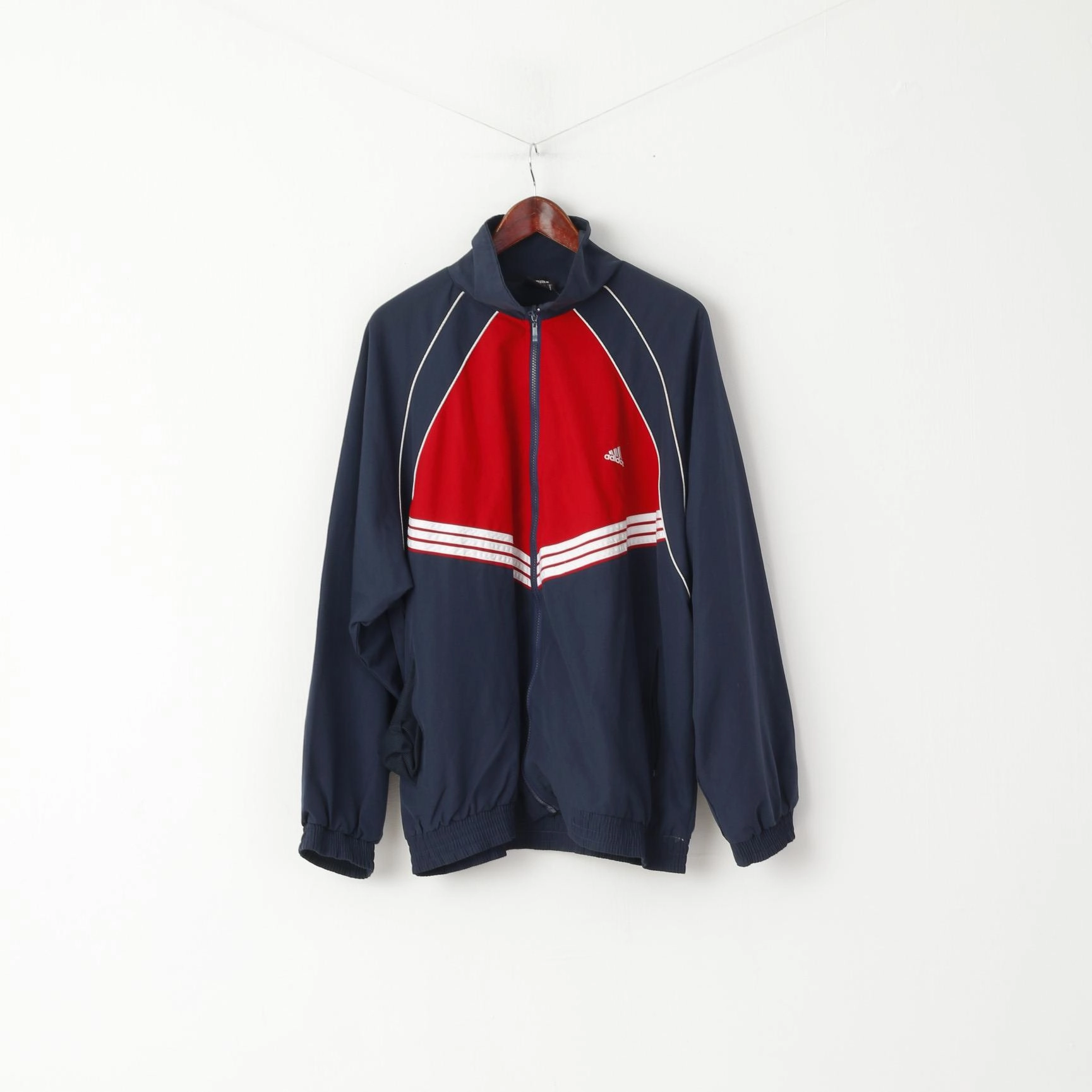 Adidas Men XL Jacket Navy Full Zipper Mesh Lined Retro Activewear Gym Top waist length Reinforced Stress Points