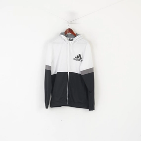 Adidas Men XL Sweatshirt White Shiny Hooded Zip Up Activewear Track Top Embroidered Logo Shrink resistant