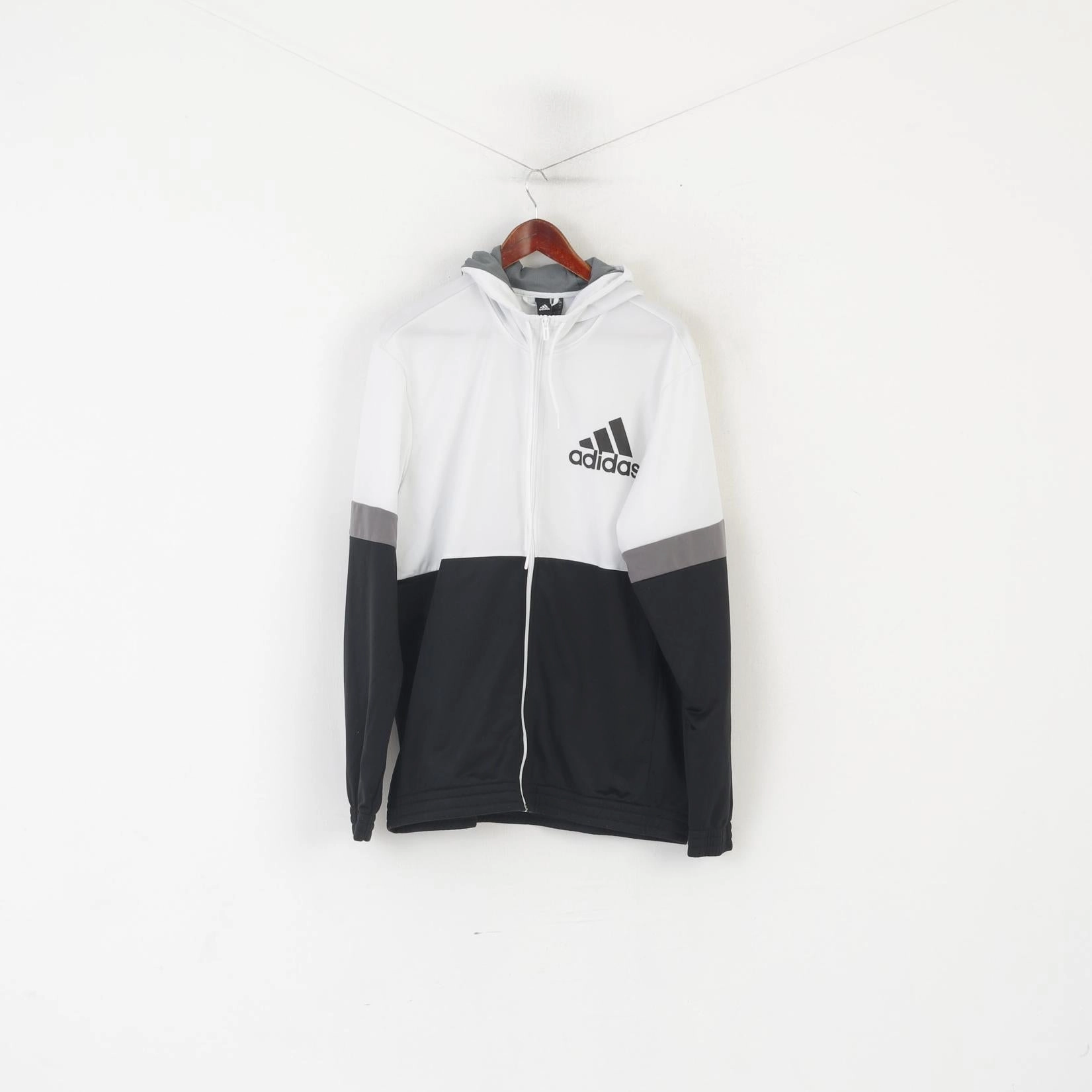 Adidas Men XL Sweatshirt White Shiny Hooded Zip Up Activewear Track Top Embroidered Logo Shrink resistant