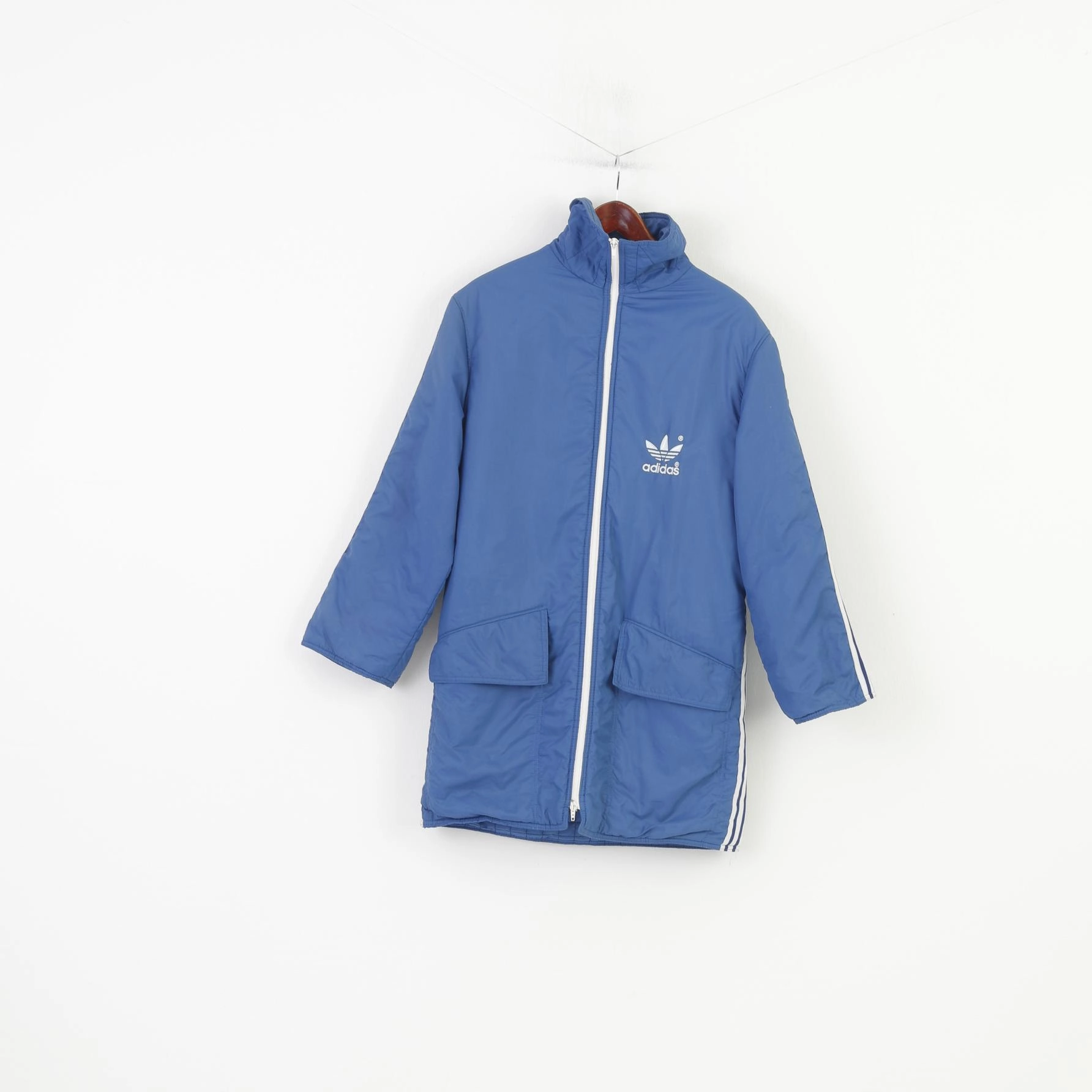 Adidas Men XS Jacket Blue Nylon Vintage 80s Full Zipper Padded Oldschool Top Cap Casual Layer