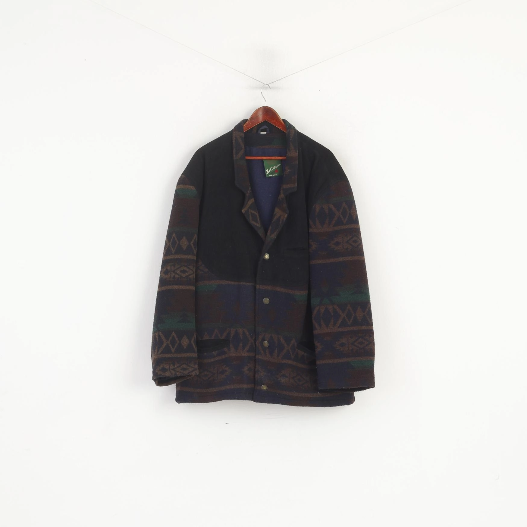 Trendy Accessory suitable for school uniforms Zet Collection Men 56 XL Jacket Navy Wool Vintage Aztec Shoulder Pads Retro Top