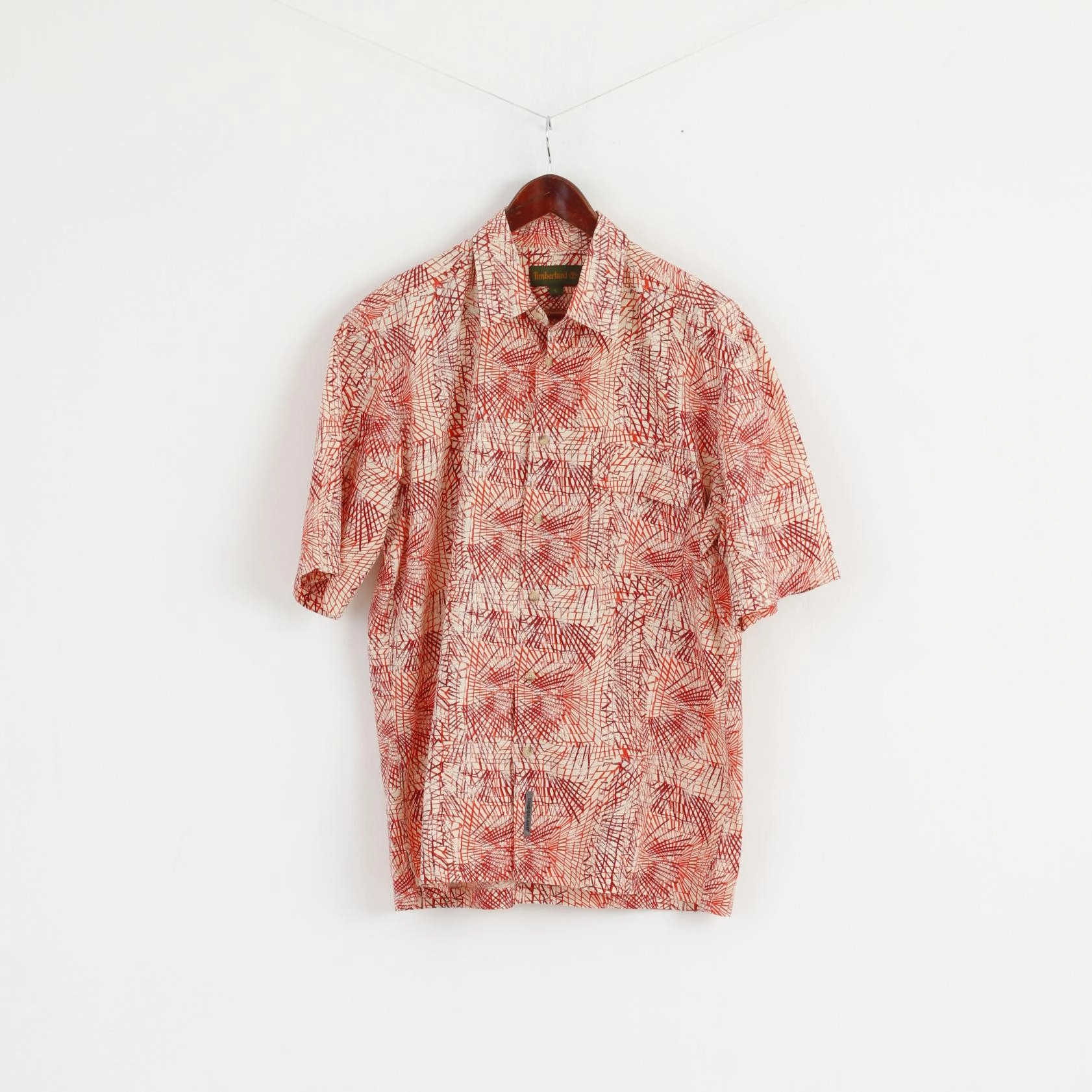 Timberland Men L Casual Shirt Orange Cotton Outdoor Short Sleeve Detailed Buttons Top Polished Style Lightweight Layer