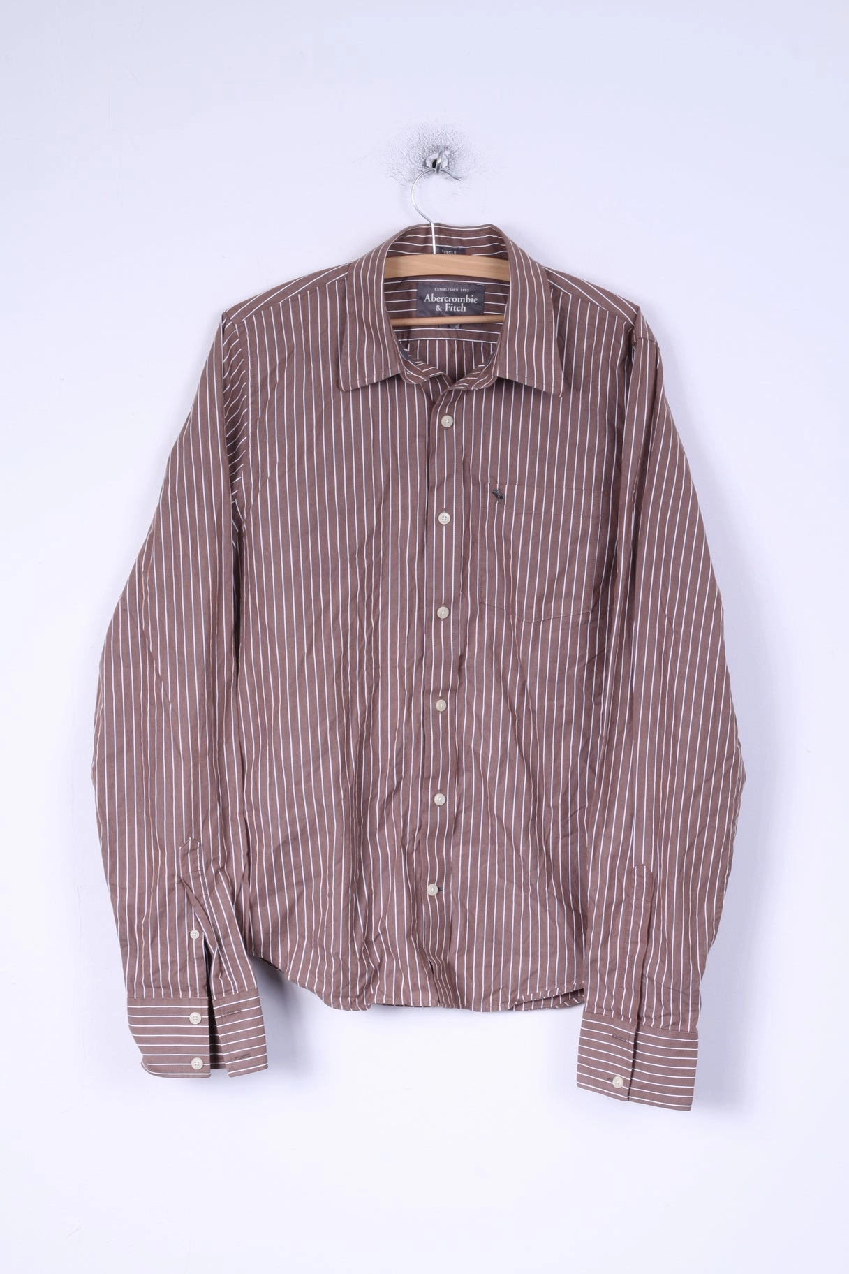 Abercrombie & Fitch Mens L Casual Shirt Brown Striped Cotton Muscle Loose Fit