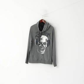 Coolcat Men L Sweatshirt Grey Cotton Turtle Neck Skull Graphic Gun Top Abstract print Comfy Comfort