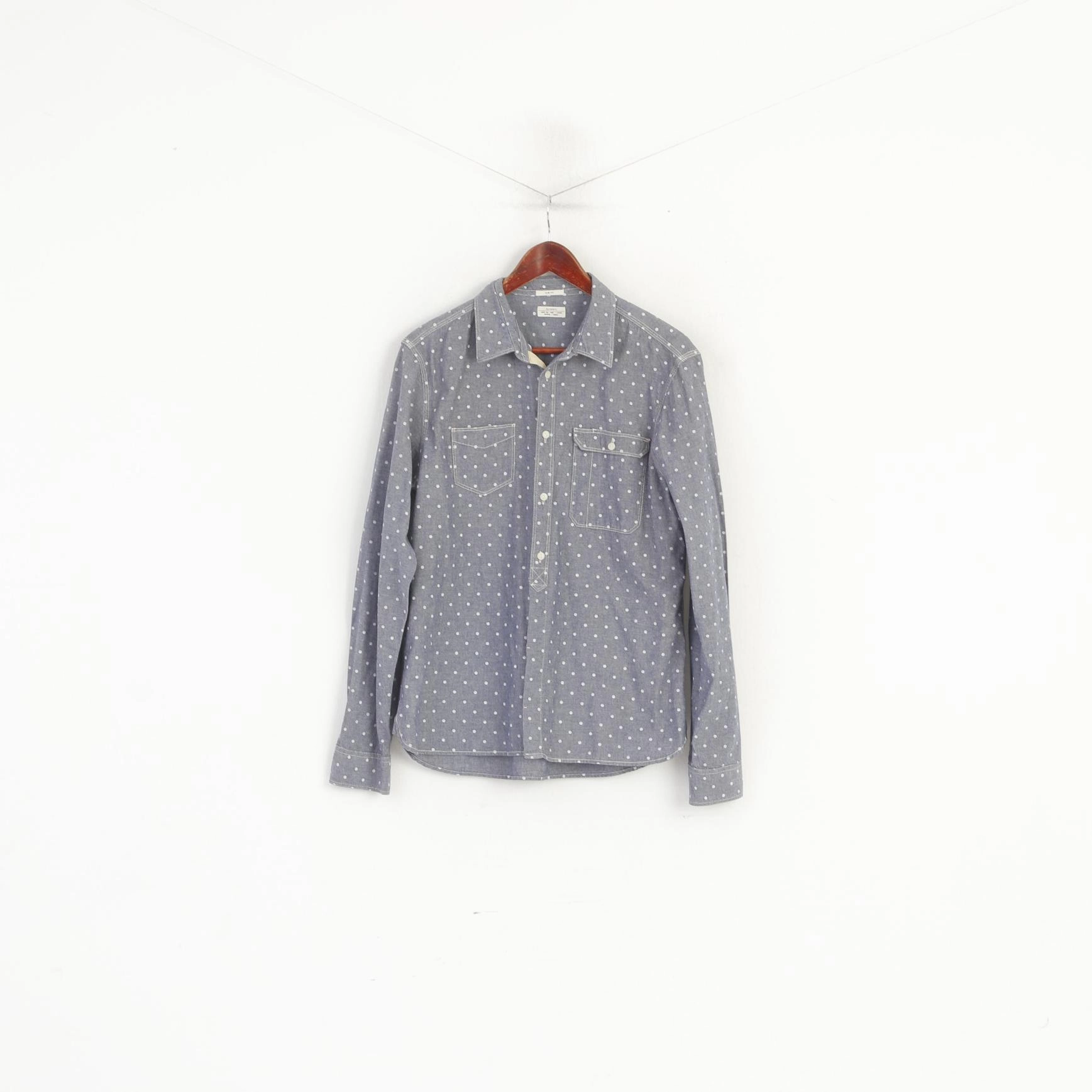 Athleisure Trend Quick Release Placket Allsaints Men L (M) Casual Shirt Blue Cotton Wash Dots Birkdale Long Sleeve Top