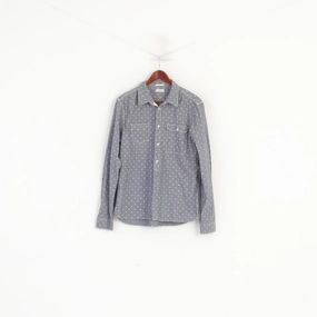 Athleisure Trend Quick Release Placket Allsaints Men L (M) Casual Shirt Blue Cotton Wash Dots Birkdale Long Sleeve Top