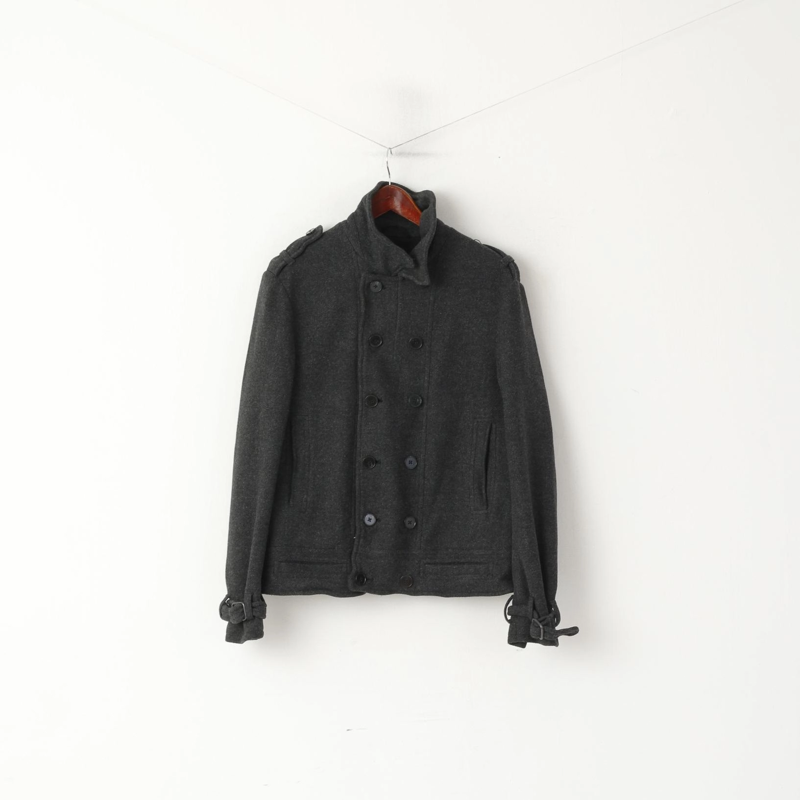 High Collar Fit Allsaints Men M (S) Jacket Gray Wool Double Breasted Classic Pea Coat Top