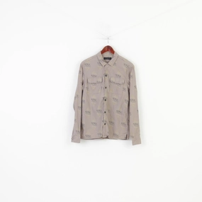 Waffle Weave Allsaints Men S Casual Shirt Brown Abstract Cotton Pockets Long Sleeve Top