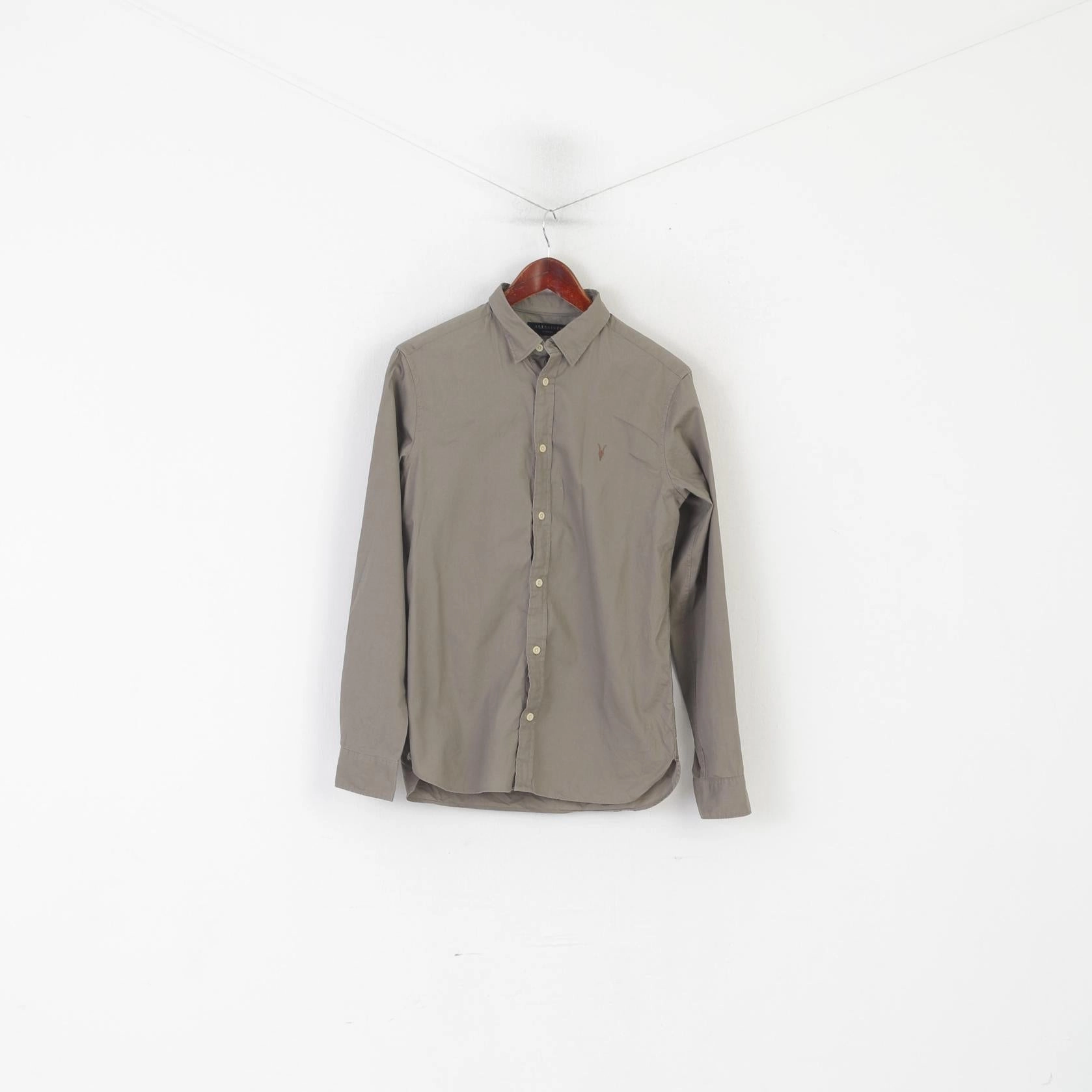 AllSaints Men XS Casual Shirt Brown Cotton Redondo Plain Long Sleeve Top Chic Ensemble Low Profile Pocket Design