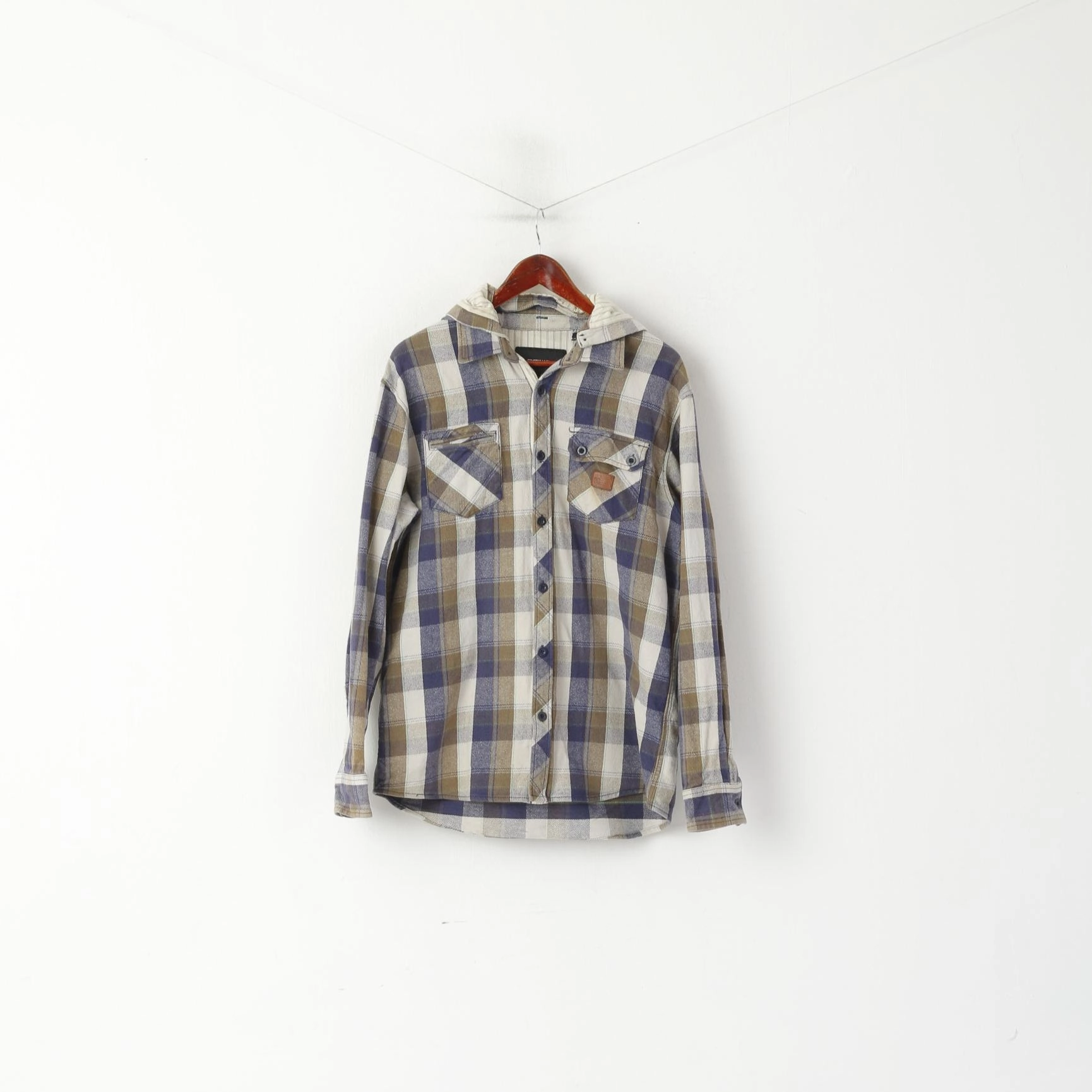 Animal Men L Casual Shirt Brown Check Cotton Flanel Detachable Hood Top Breathable back panel