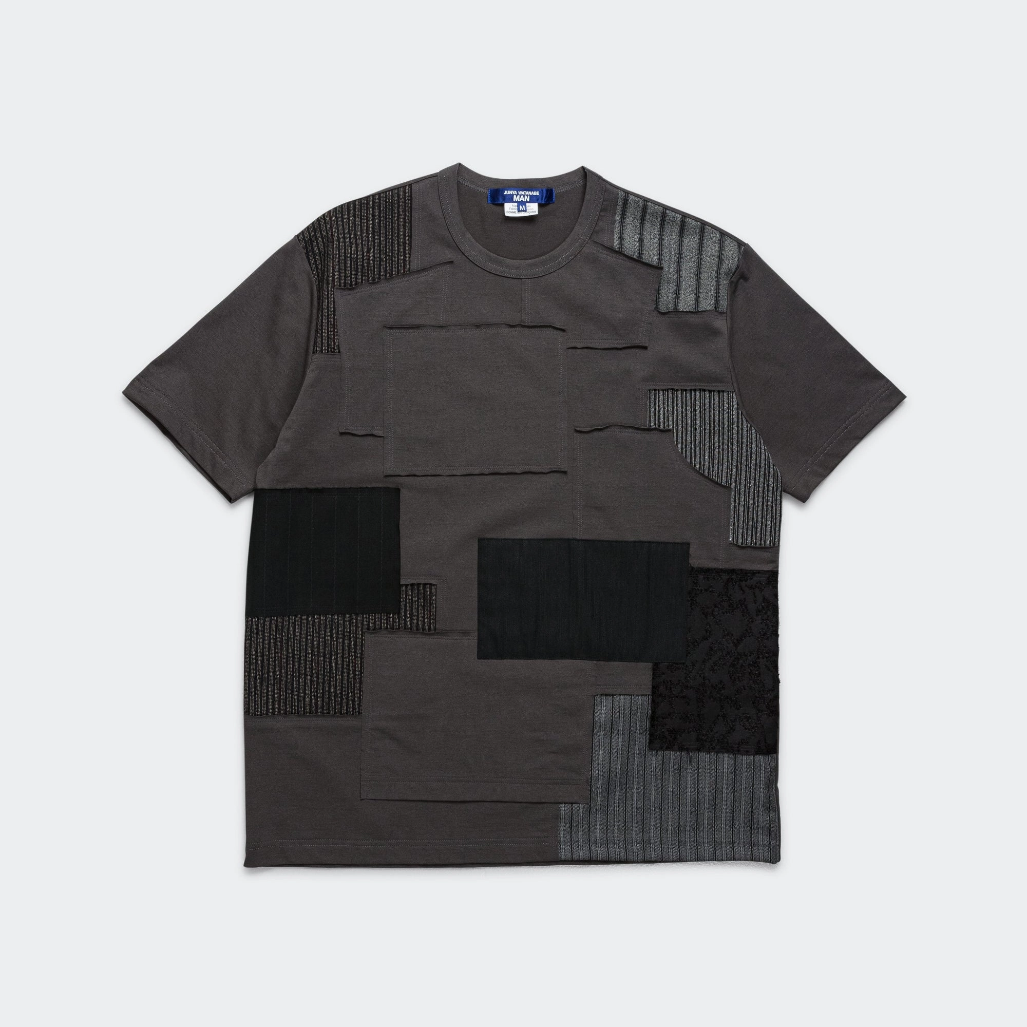 Low Profile Collar Smart Design Cotton Jersey x Multi Fabrics Patchwork T-Shirt - Grey/Mix