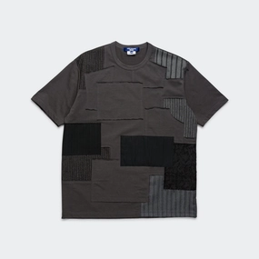 Low Profile Collar Smart Design Cotton Jersey x Multi Fabrics Patchwork T-Shirt - Grey/Mix