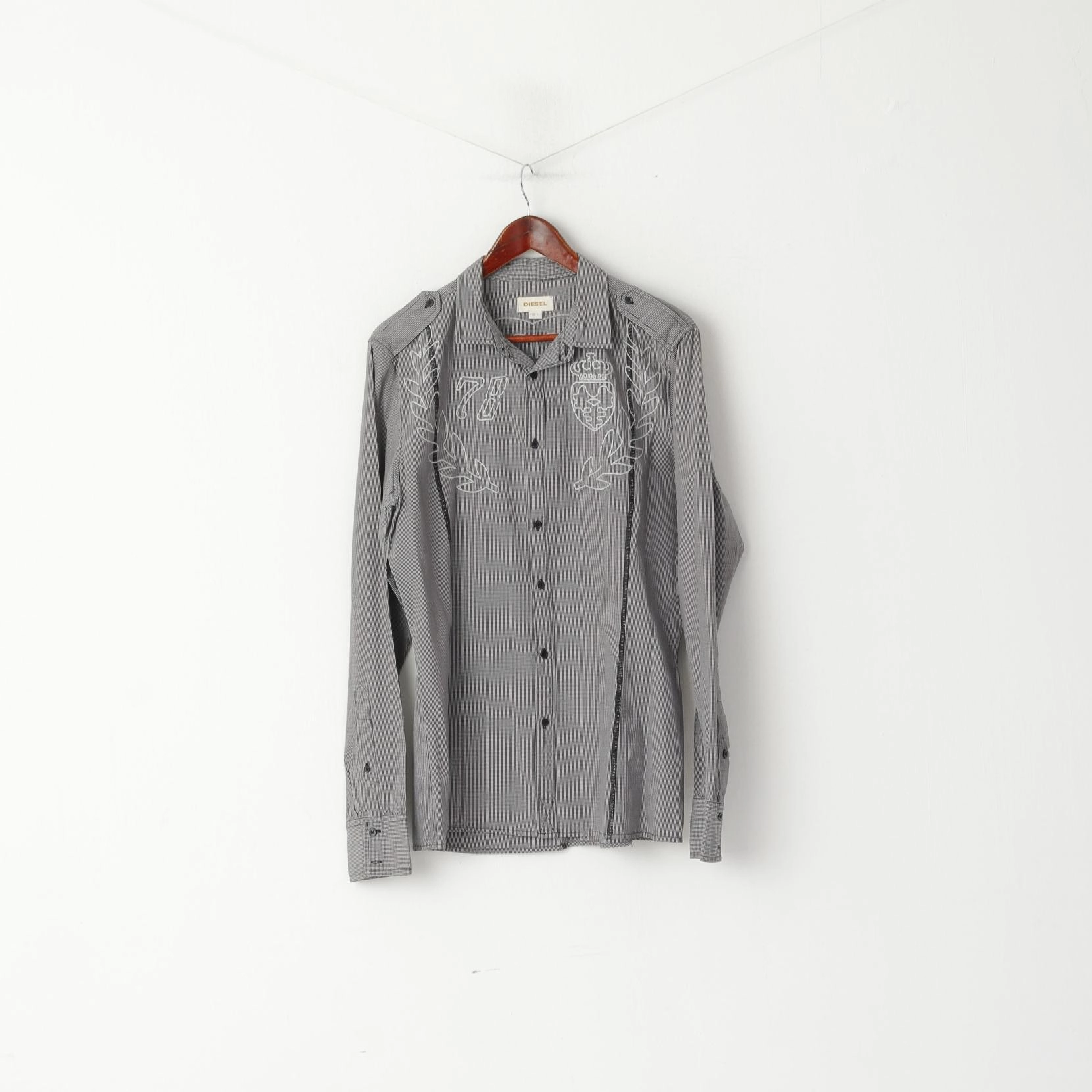 Odor Resistant Party Ready Diesel Mens L Casual Shirt Black White Checkered Cotton Embroidered Slim fit Top