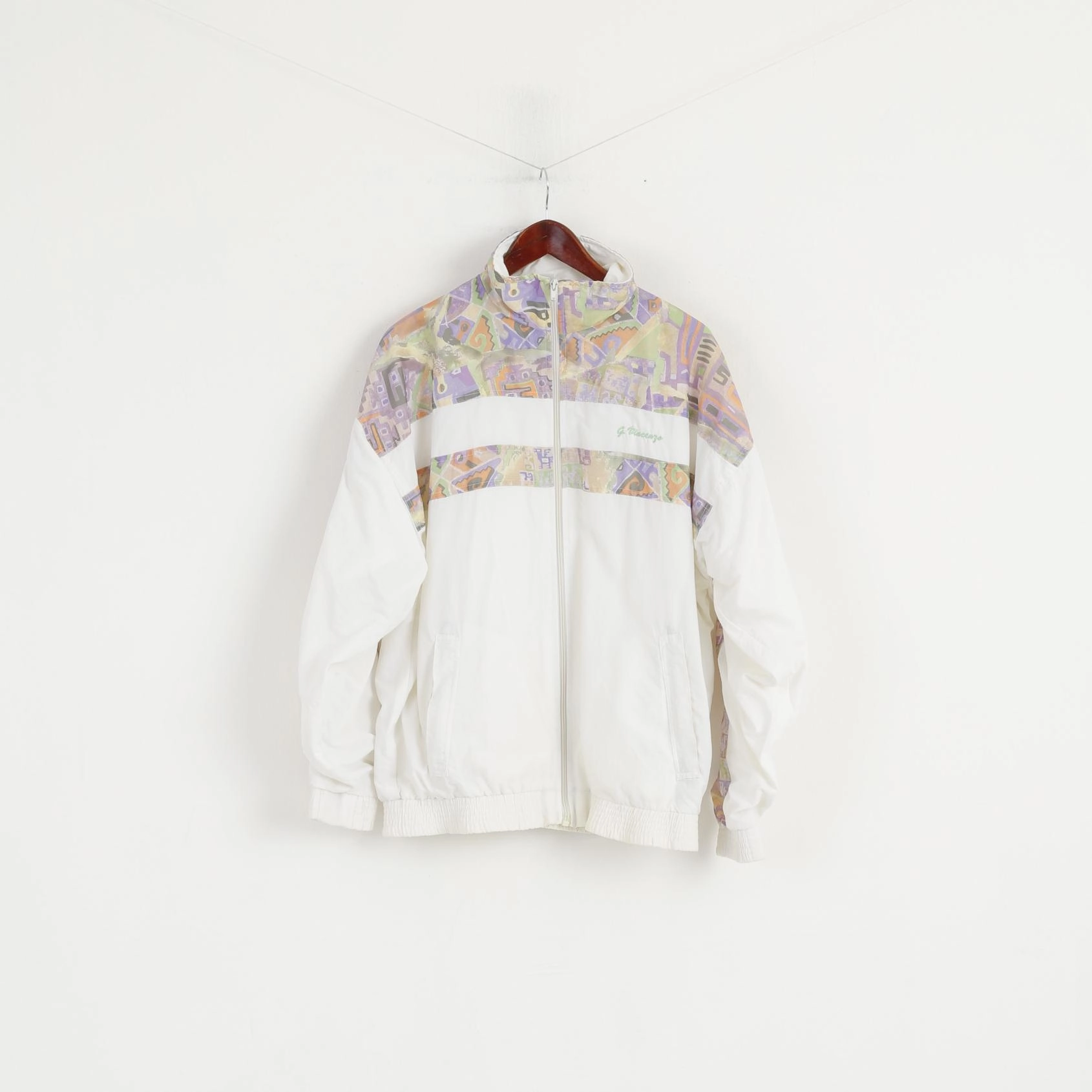 Practical Jacket Giorgio Vincenzo Men L Jacket White Vintage Printed Nylon Full Zipper Bomber Top