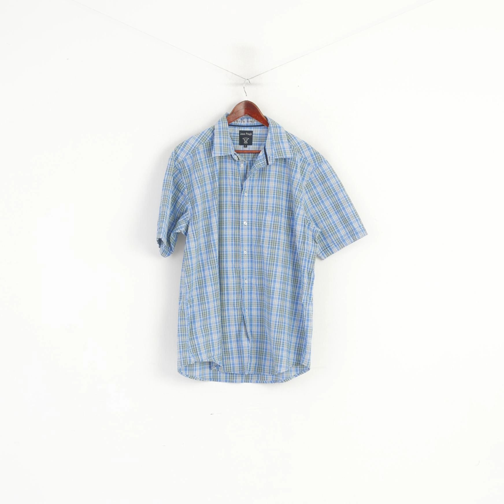 Smooth Seam Finish James Pringle Men XL Casual Shirt Blue Check Cotton Blue Short Sleeve Pocket Top