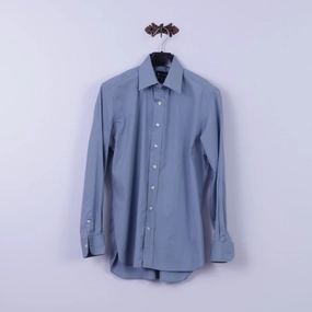 Aquascutum Men 16 S Casual Shirt Blue Slim Fit Cotton Long Sleeve Plain Top Flexible Movement Wrinkle-Resistant