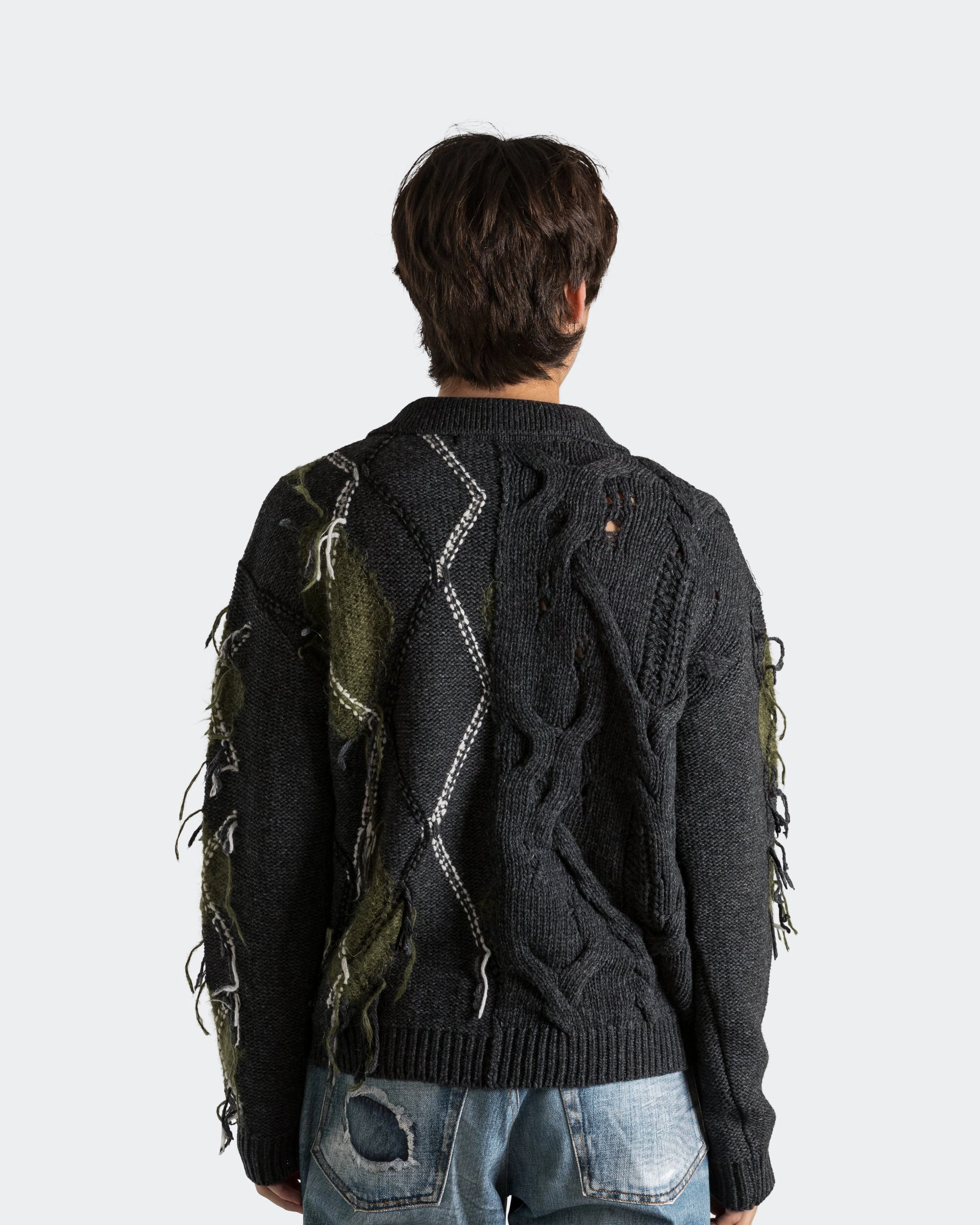 Structured Shoulder Support Argyle Fisherman Polo Sweater - Charcoal