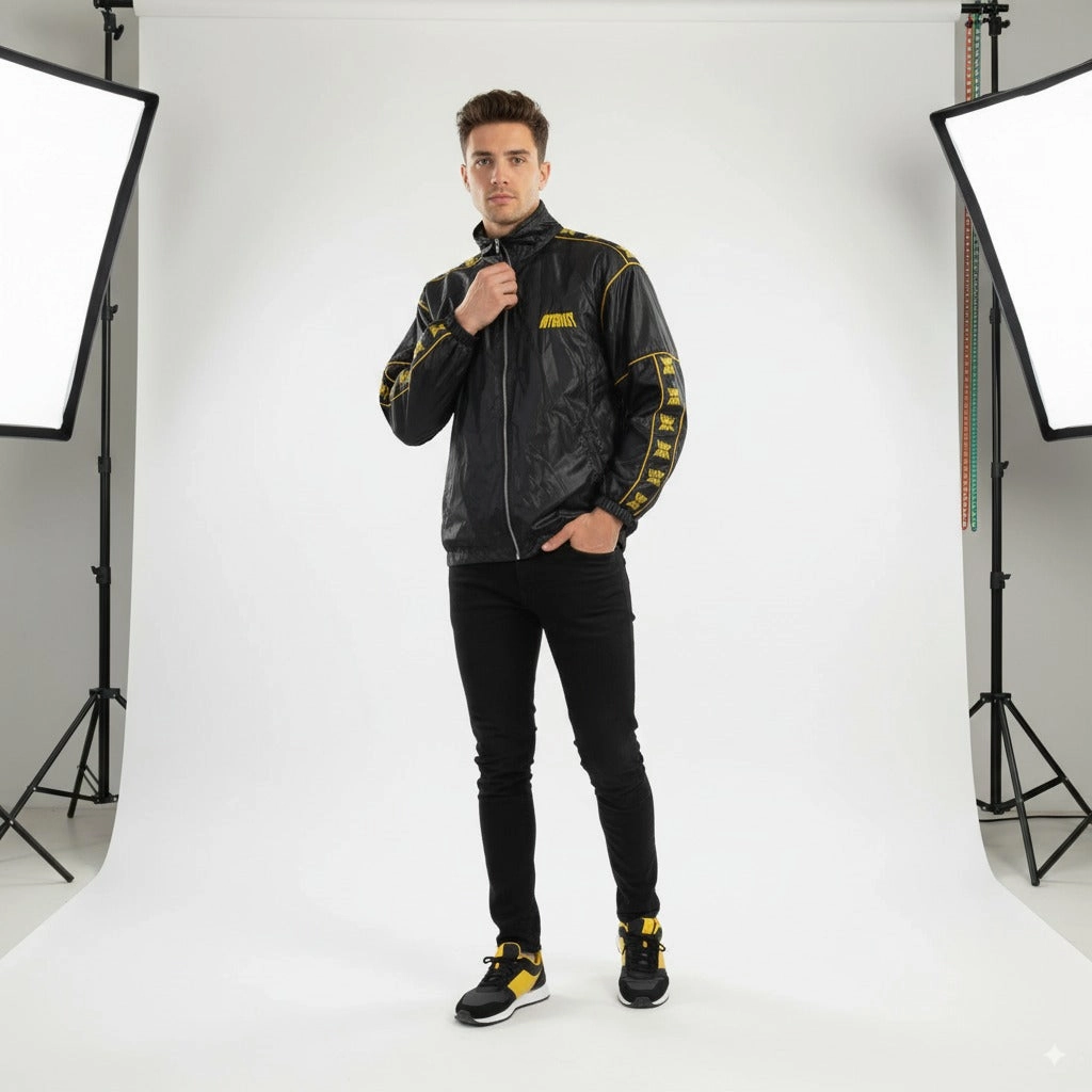 ARIZONA Men M 170 Jacket Black Nylon Waterproof Retro Hooded Zip Up Unisex Top All weather Flexible Quilted Panels