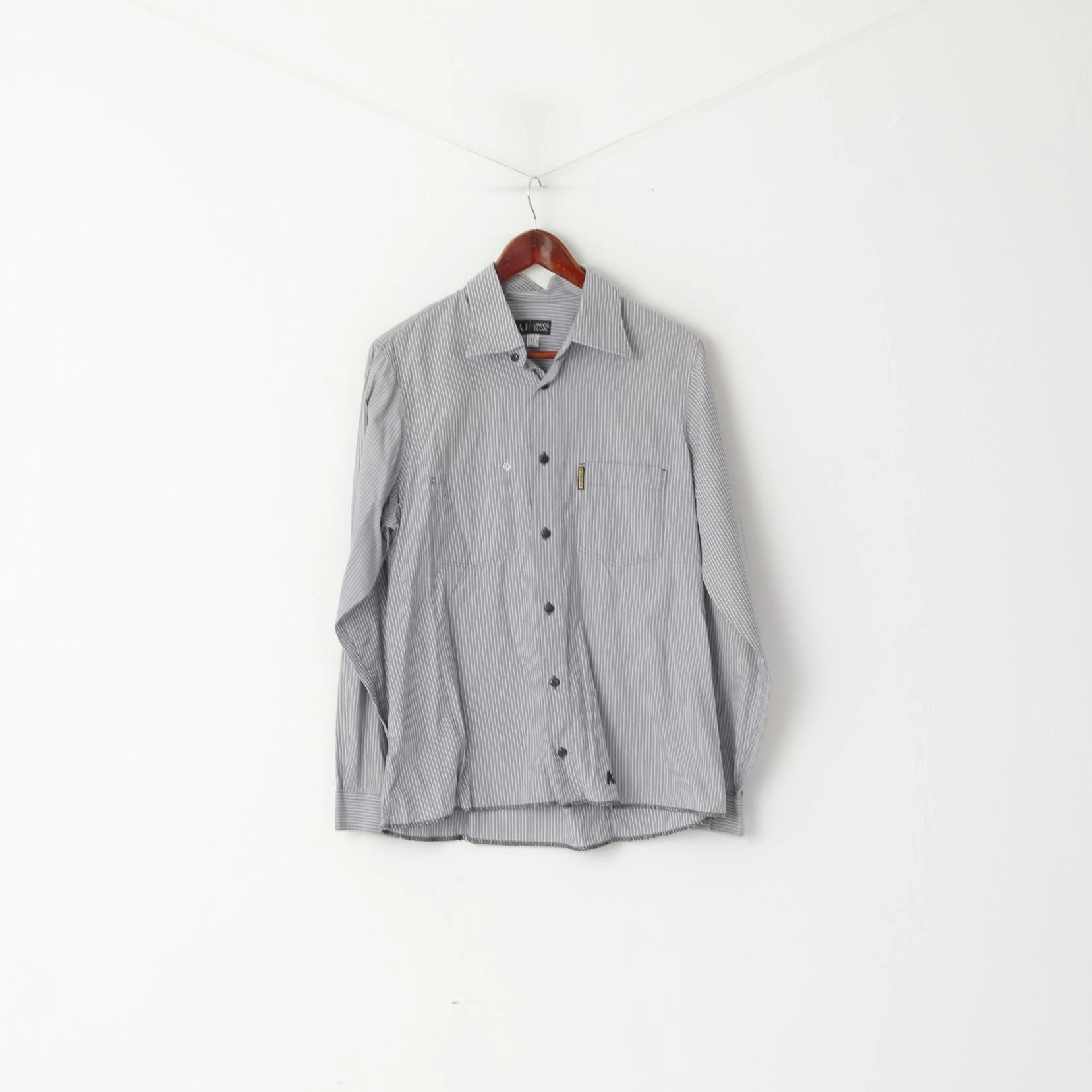 Reinforced Elbow Patches formal dinner Armani Jeans Men M (S) Casual Shirt Grey Striped Cotton Long Sleeve Logo Top