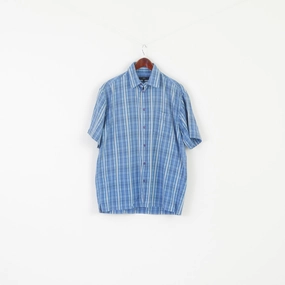 Double Needle Hemming Joy Men L Casual Shirt Blue Cotton Classic Vintage Pocket Short Sleeve Top